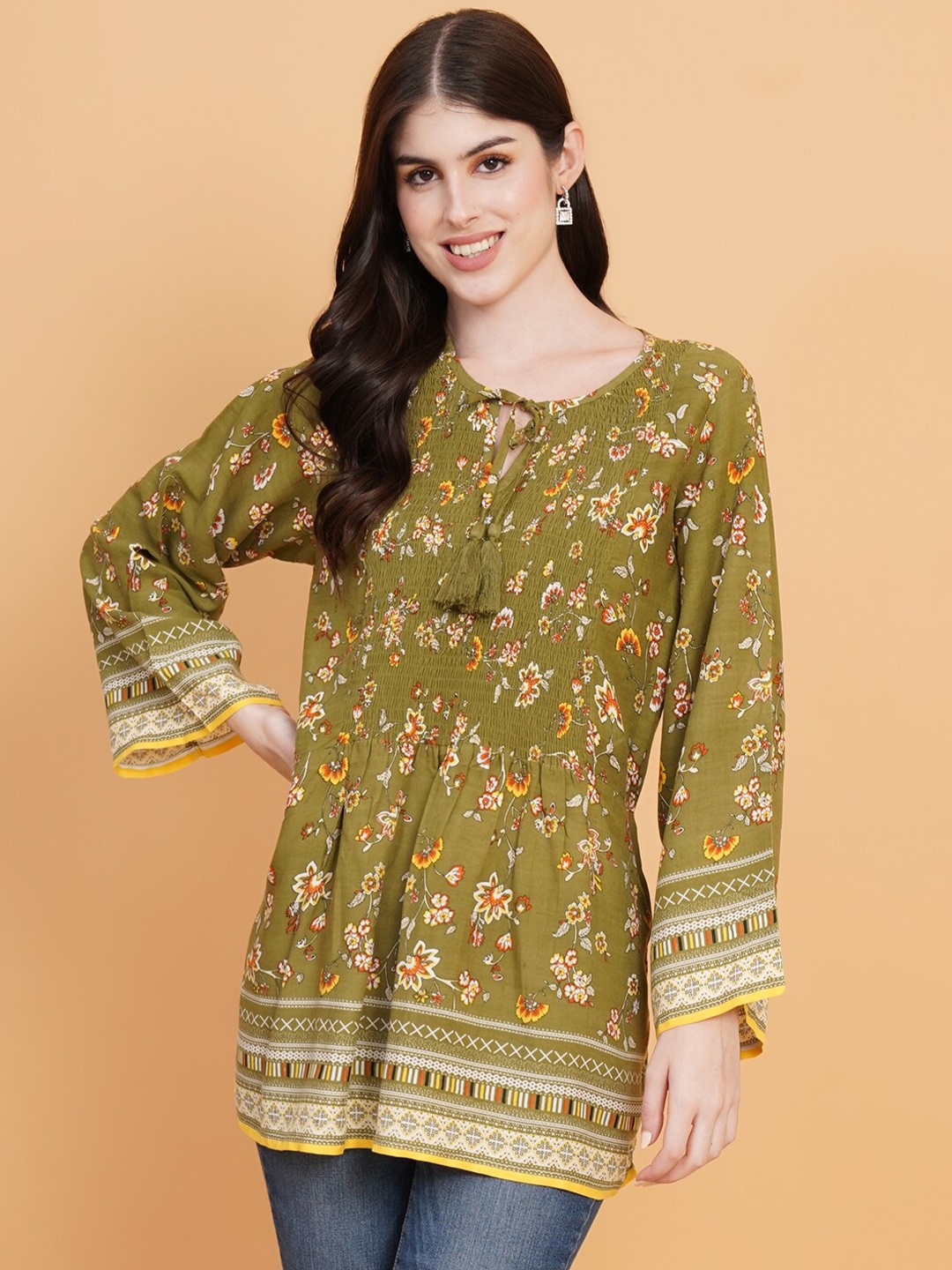 

IX IMPRESSION Floral Printed Tie-Up Neck A-Line Kurti, Green