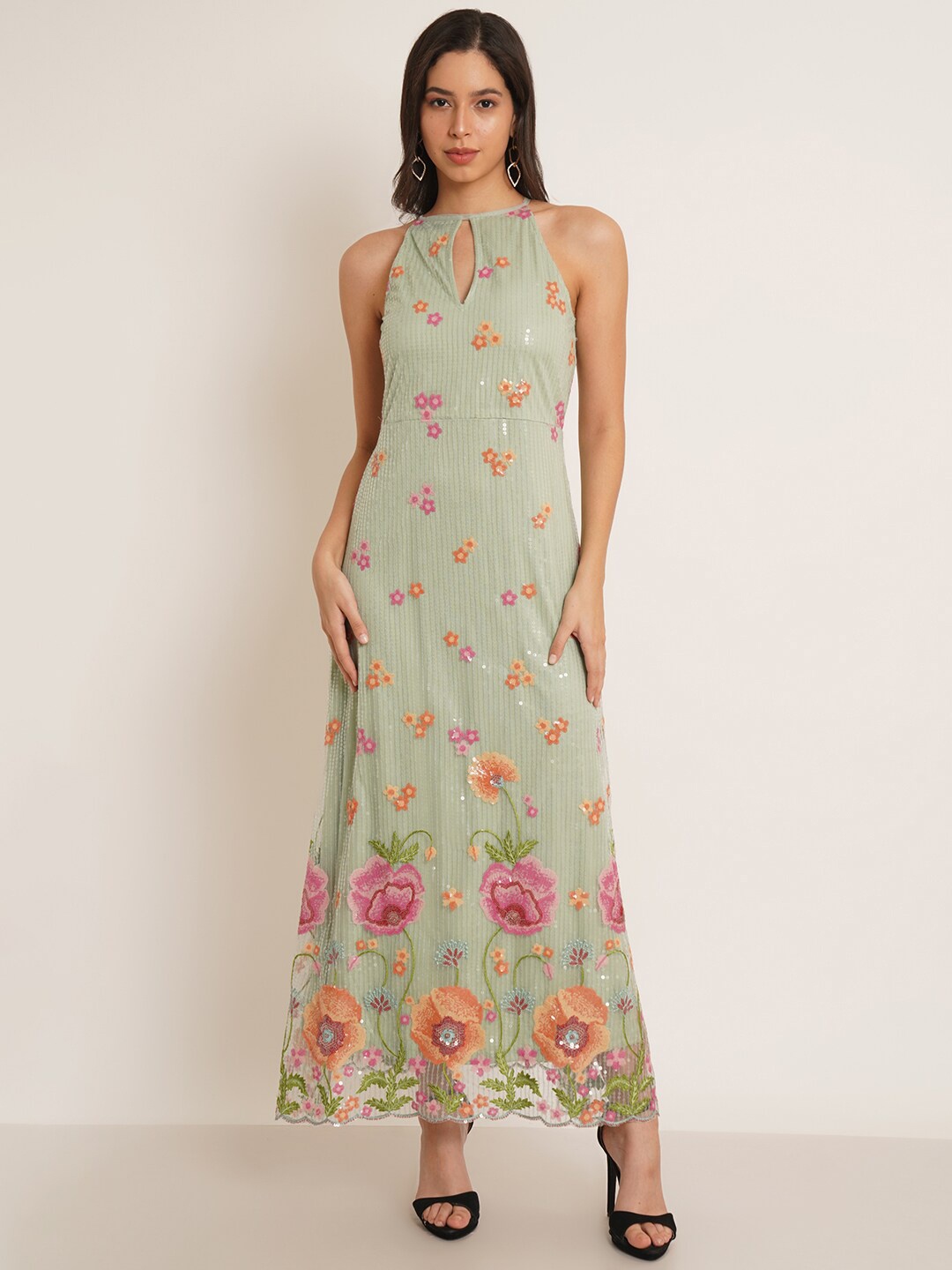 

IX IMPRESSION Embellished Halter Neck Maxi Dress, Green