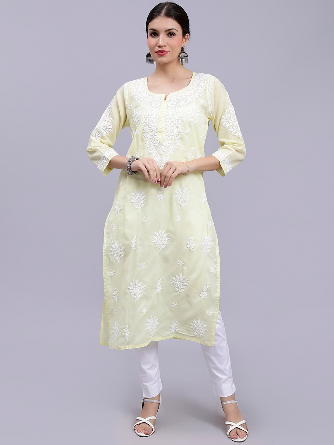 

Seva Chikan Floral Embroidered Lucknowi Chikankari Straight Kurta, Yellow