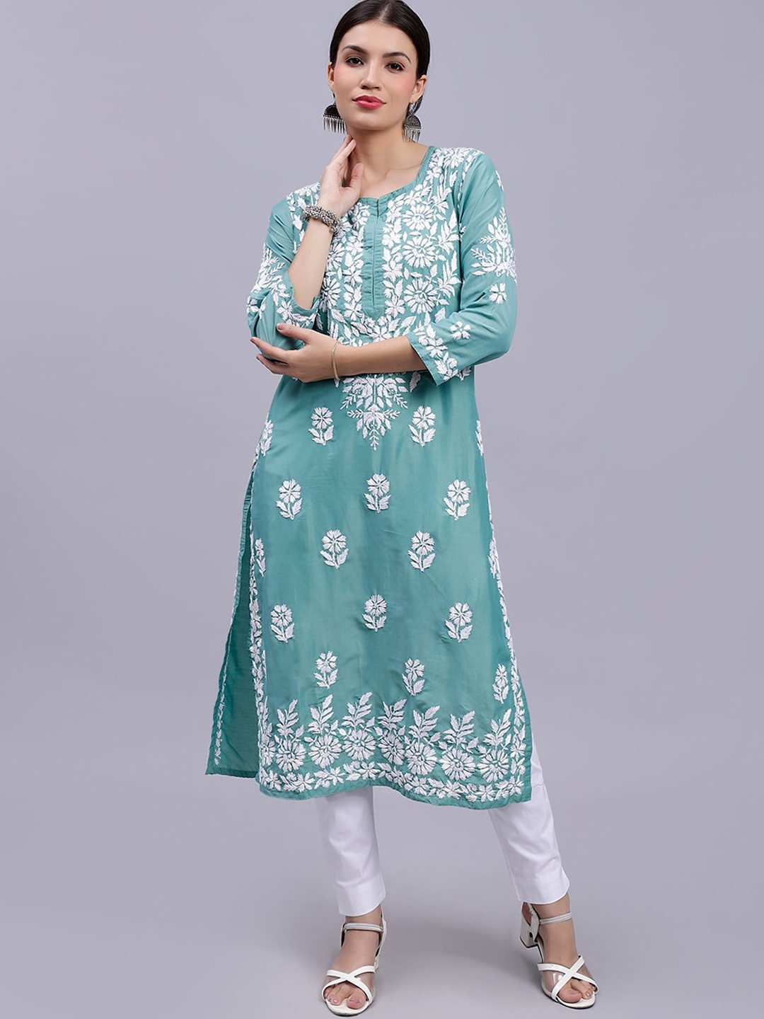 

Seva Chikan Ethnic Motifs Embroidered Lucknowi Chikankari Kurta, Green