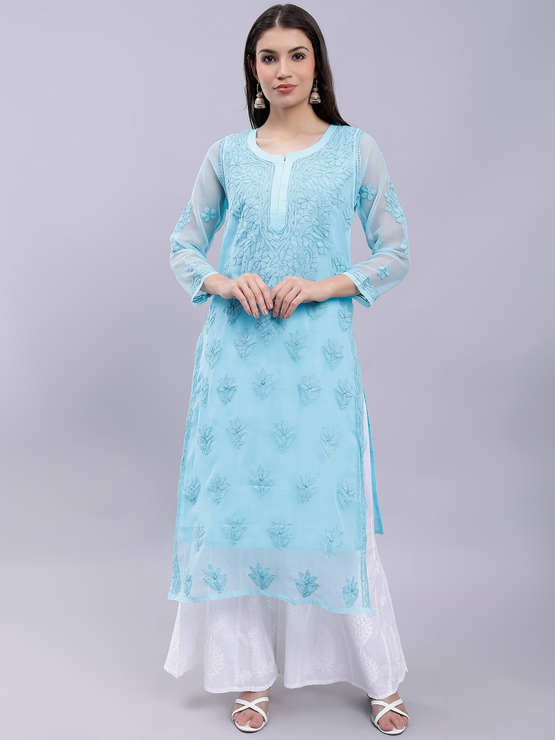 

Seva Chikan Ethnic Motifs Embroidered Chikankari Georgette Straight Kurta With Slip, Turquoise blue