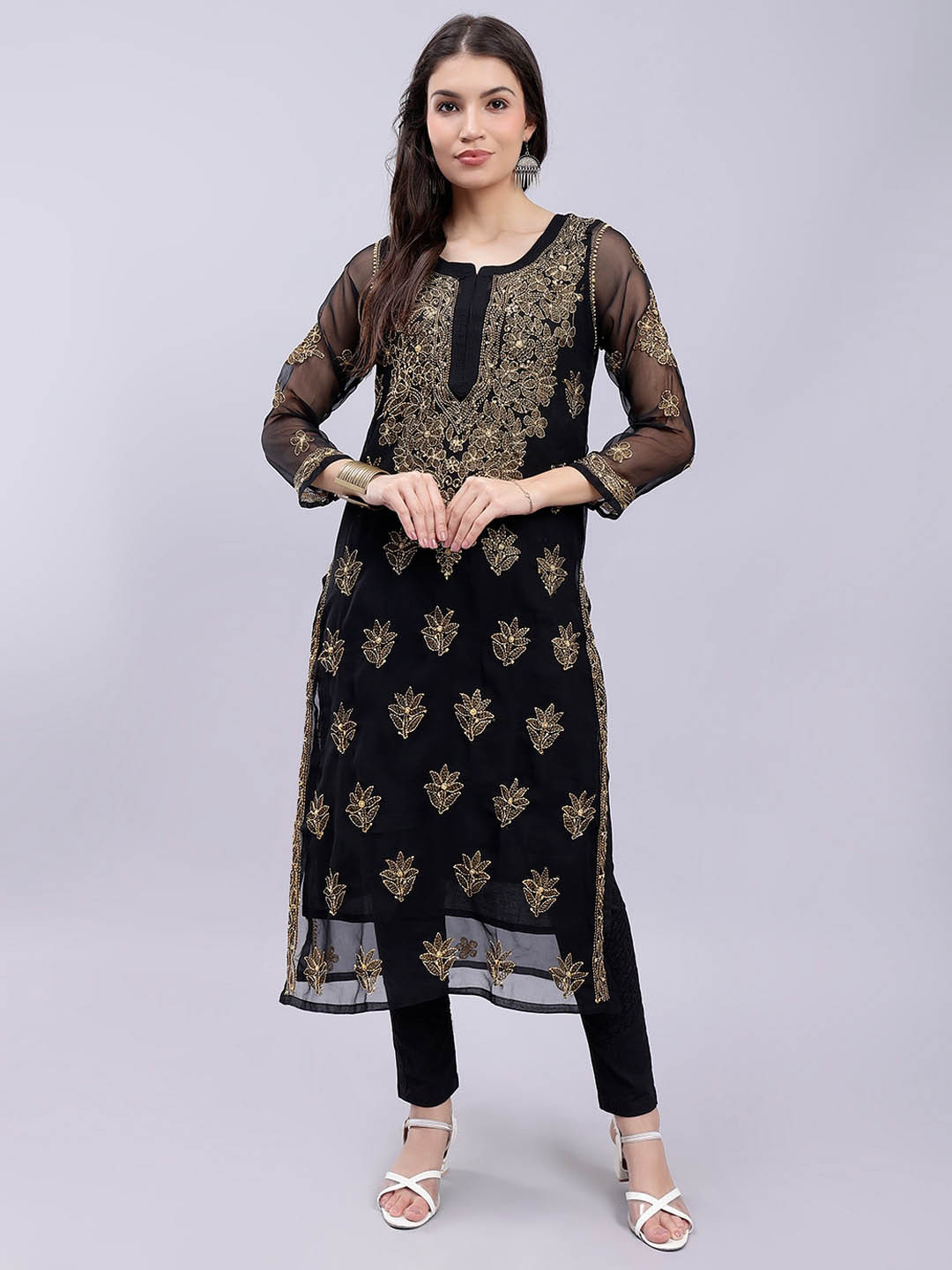 

Seva Chikan Women Black Ethnic Motifs Embroidered Chikankari Georgette Kurta With Slip