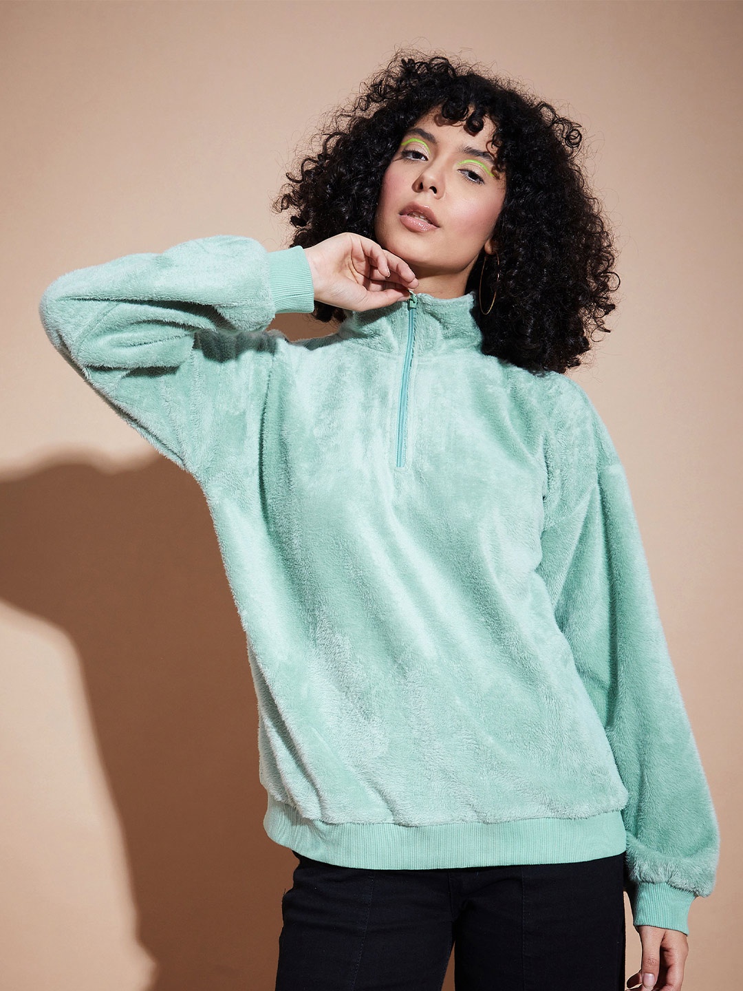 

SASSAFRAS BASICS High Neck Long Sleeve Zip Detail Pullover Sweatshirt, Green