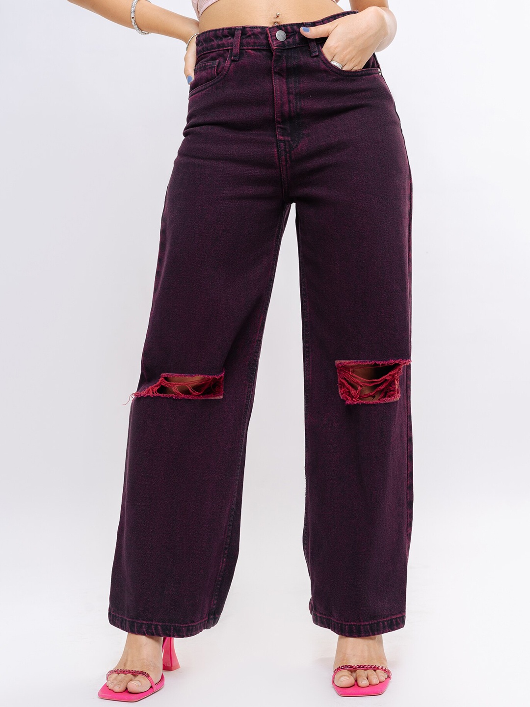 

FREAKINS Women Slash Knee Straight Fit High-Rise Cotton Jeans, Red