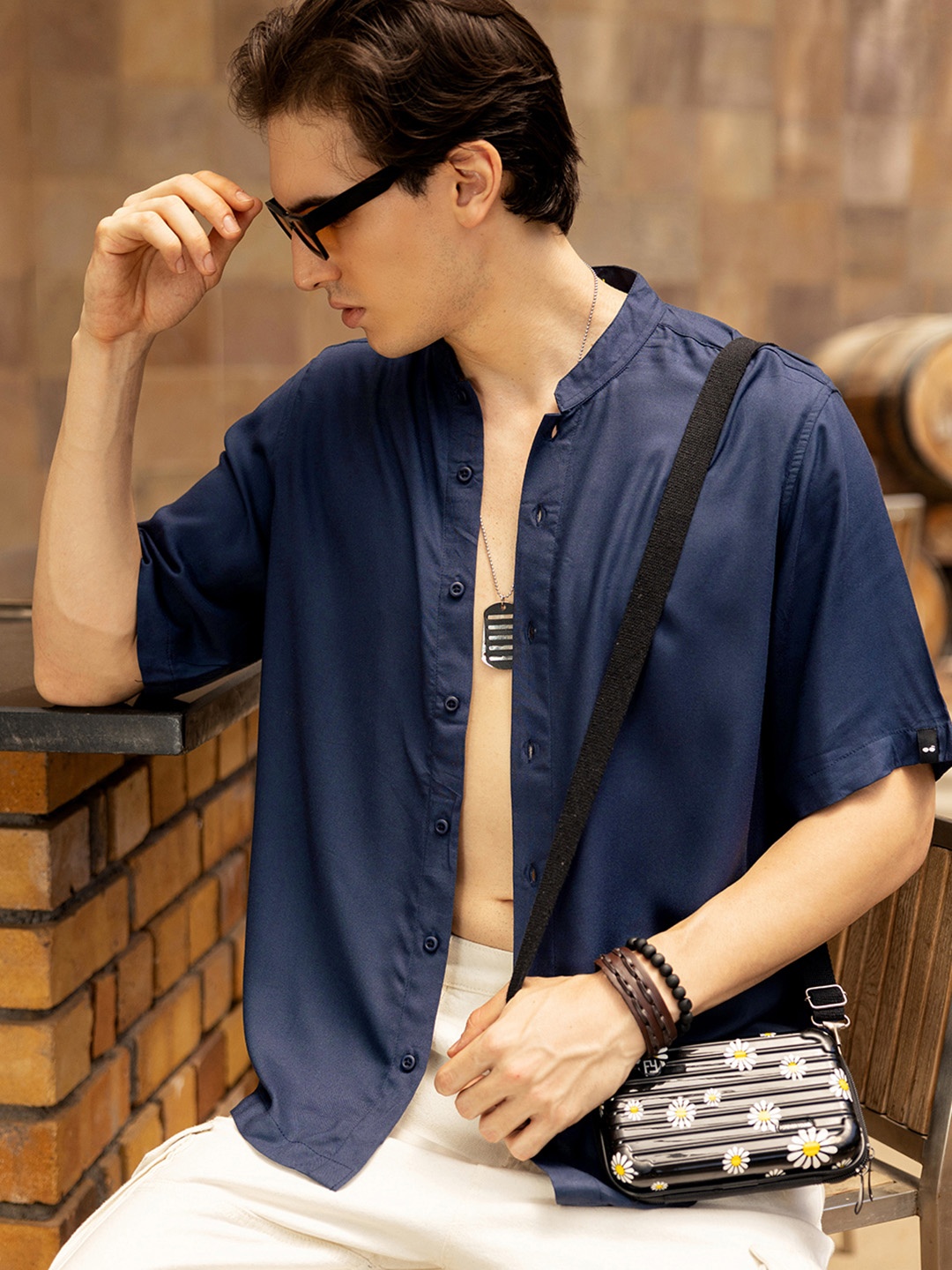 

Bewakoof Super Loose Fit Mandarin Collar Oversized Casual Shirt, Navy blue