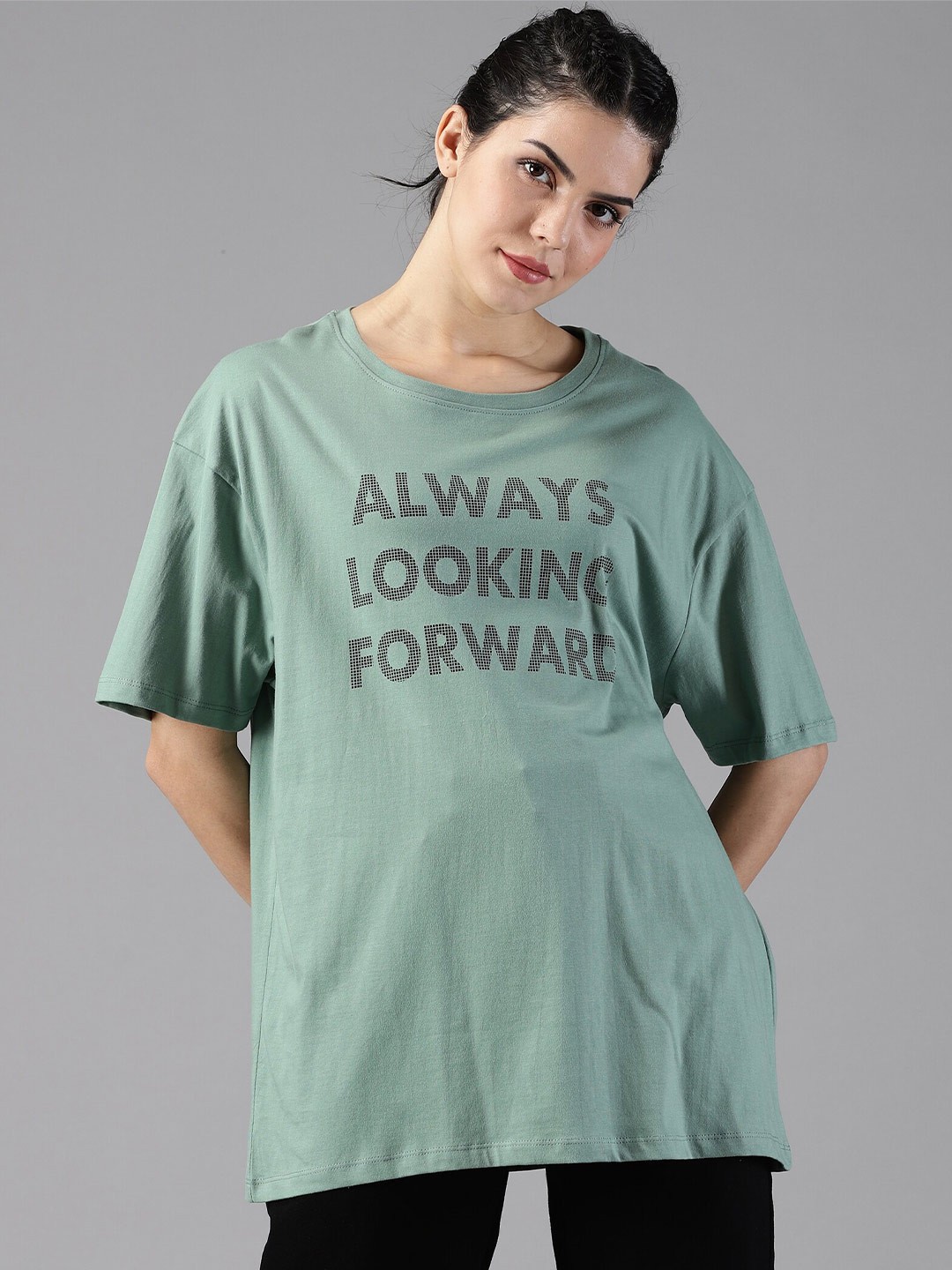 

The Roadster Life Co. Typography Printed Pure Cotton Longline Oversized T-shirt, Green