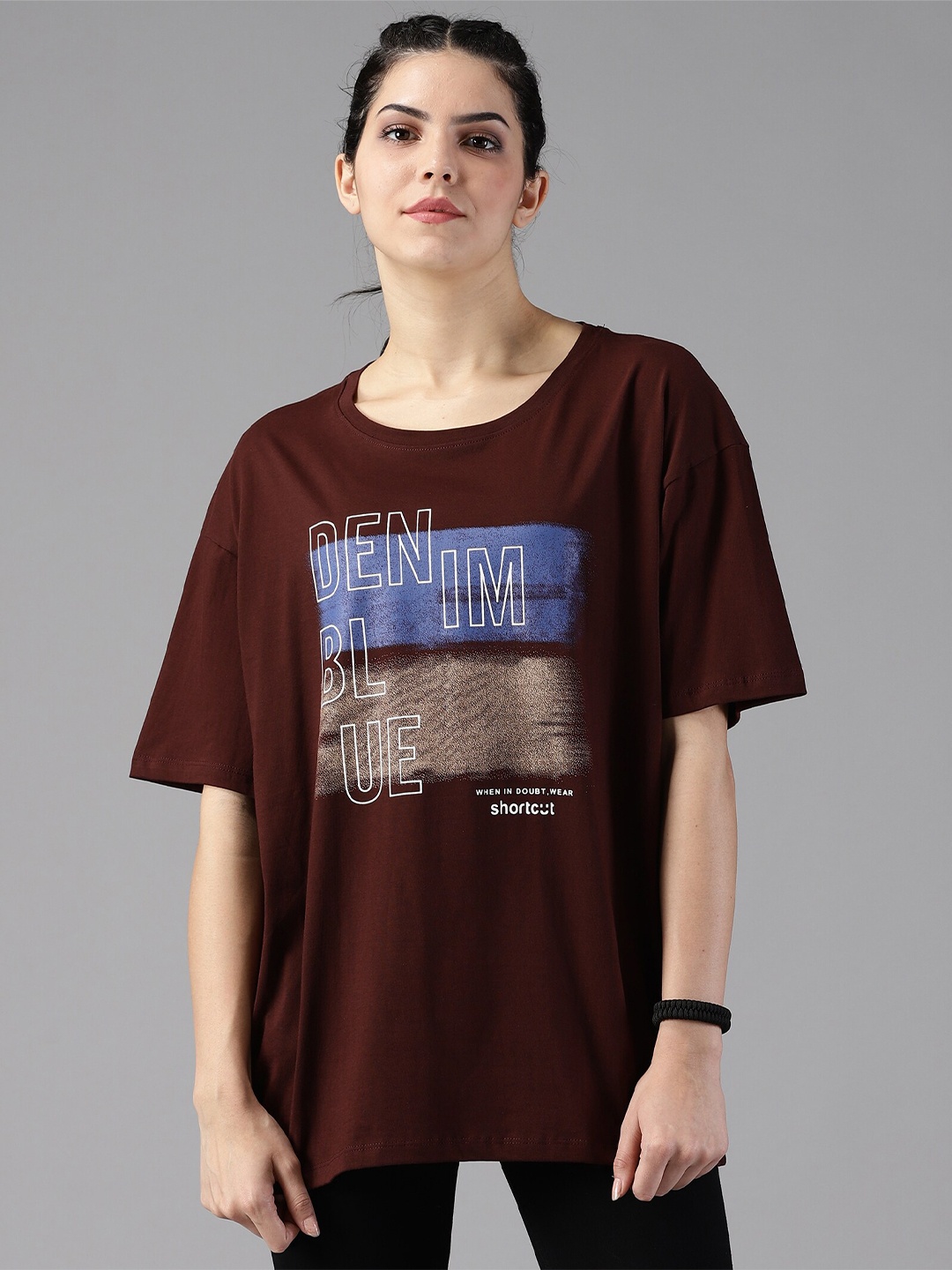 

The Roadster Life Co. Brown Typography Printed Pure Cotton Longline Oversized T-shirt