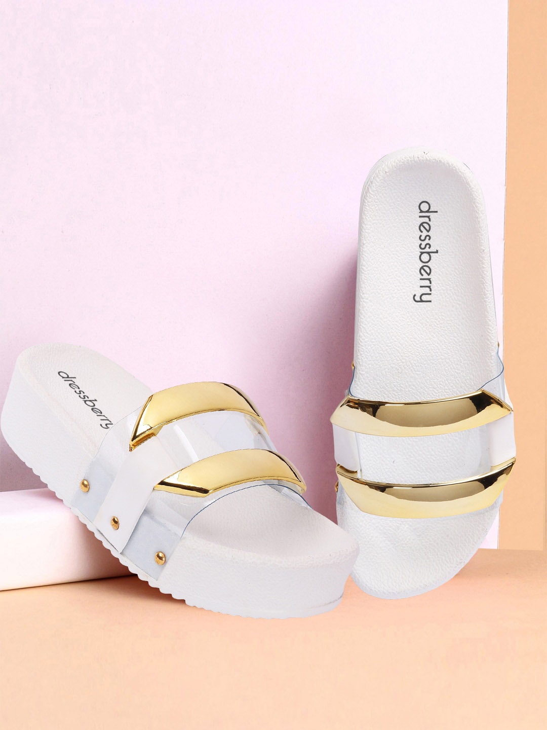 

DressBerry White & Gold Toned Embellished Flatform Heels