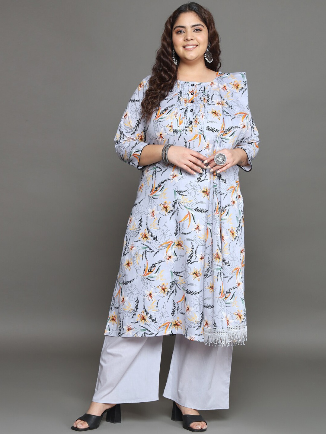 

Tissu Plus Size Floral Printed Regular Pure Cotton Kurta With Palazzos & Dupatta, Grey