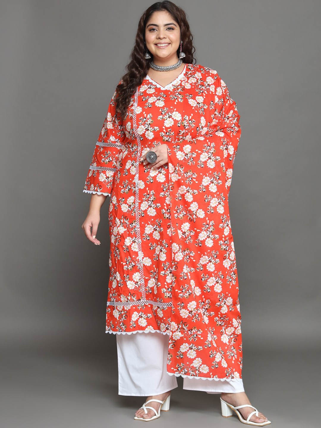 

Tissu Plus Size Floral Printed Regular Pure Cotton Kurta With Palazzos & Dupatta, Orange