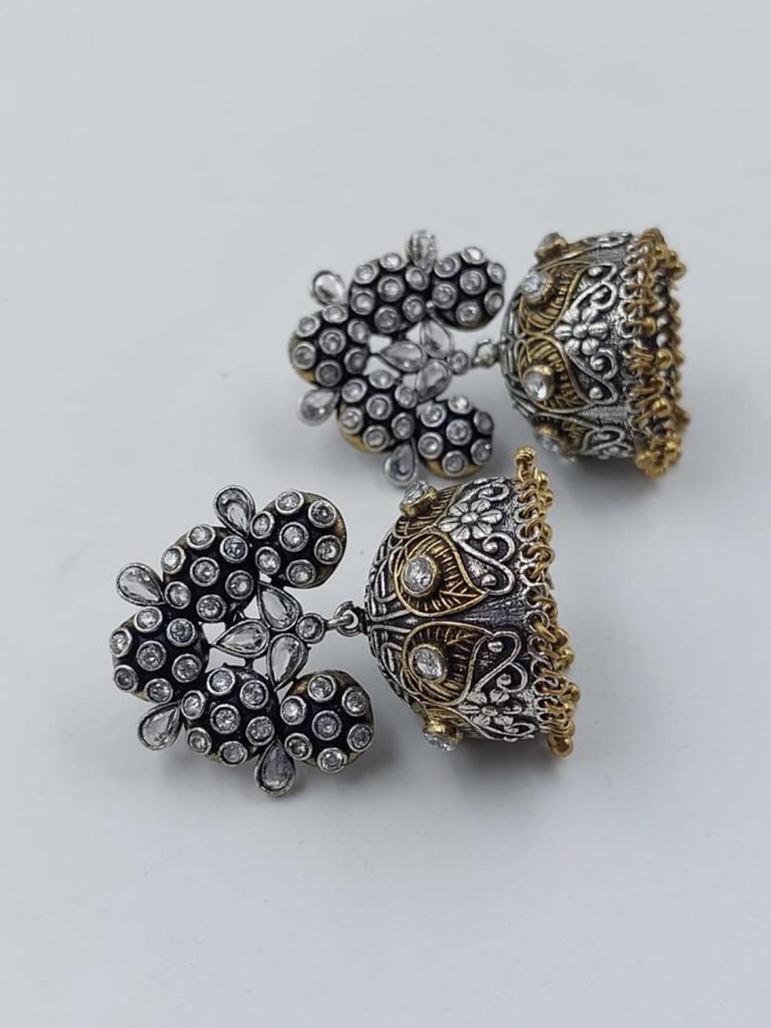 

SHIMULI Silver-Plated Stone Studded Dome Shaped Jhumkas