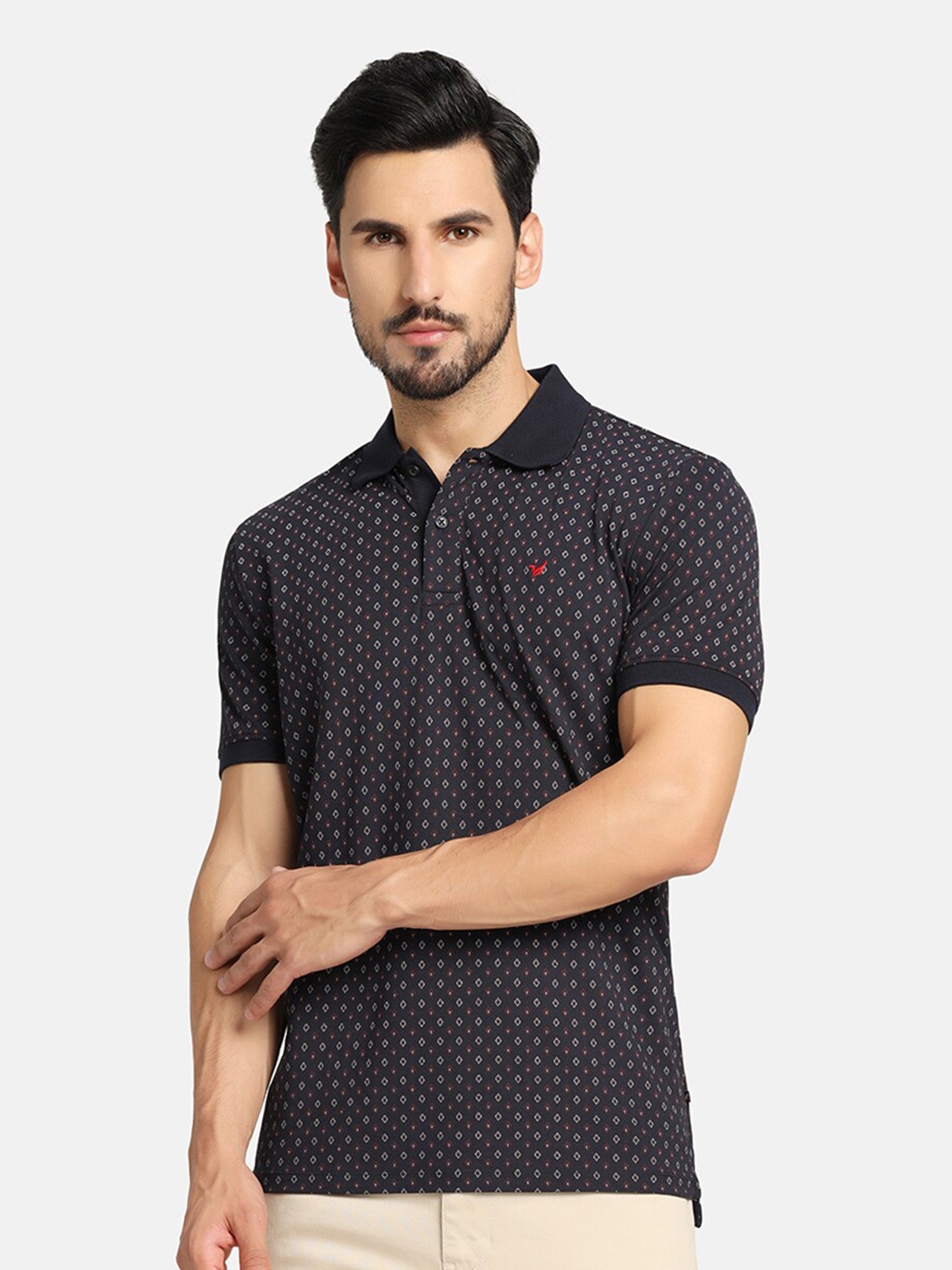 

Blackberrys Geometric Printed Polo Collar Cotton Slim Fit T-shirt, Navy blue