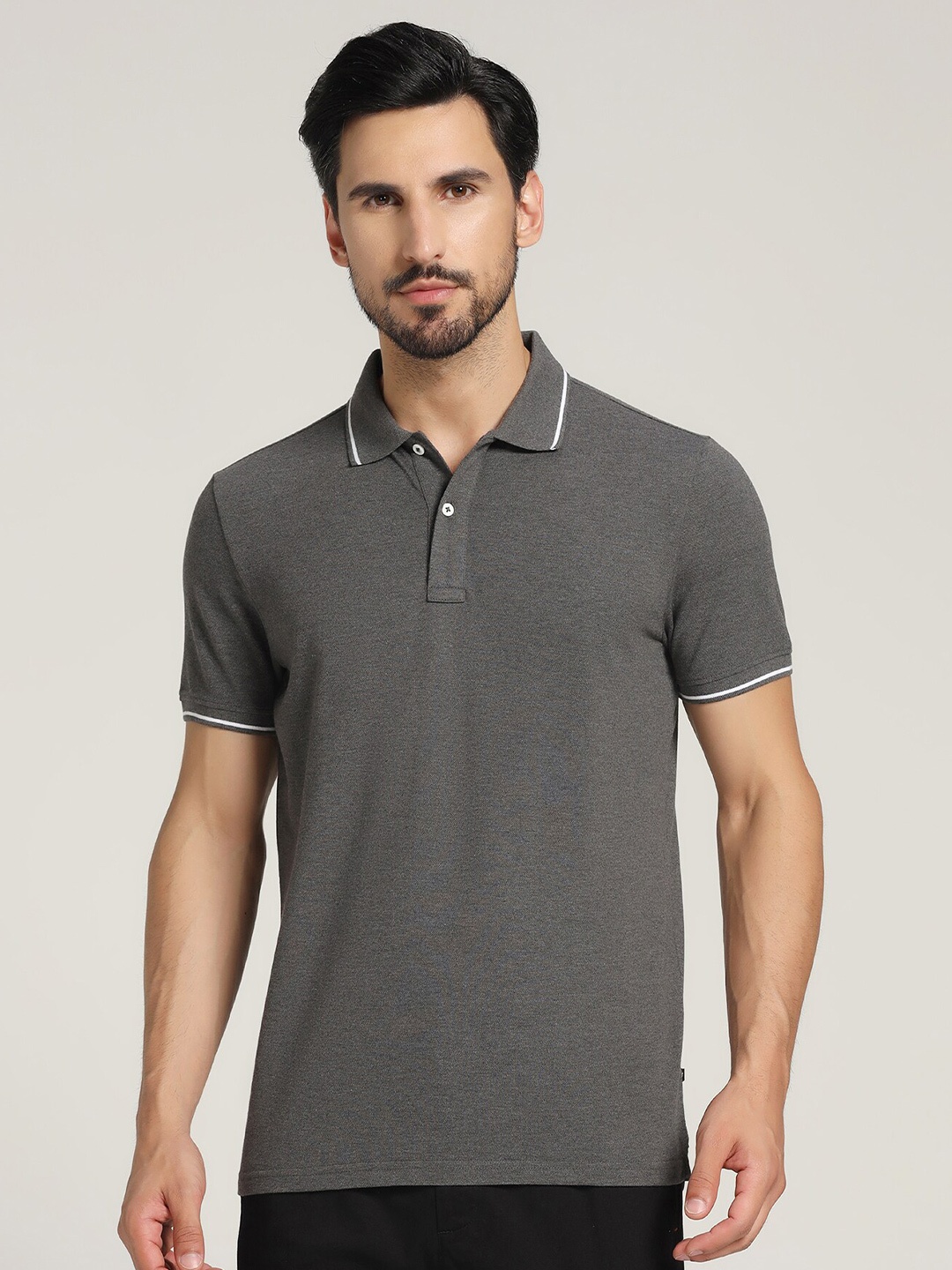 

Blackberrys Polo Collar Slim Fit Cotton T-shirt, Grey melange