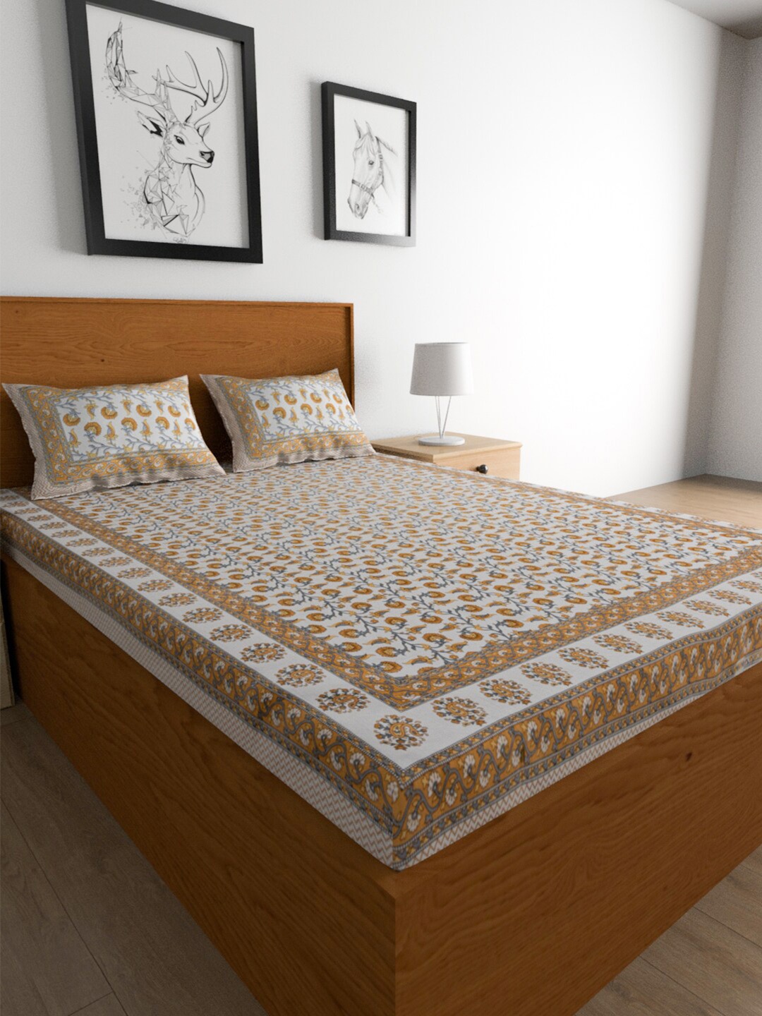 

Urban Magic White & Mustard Yellow Cotton 104 TC King Bedsheet with 2 Pillow Covers