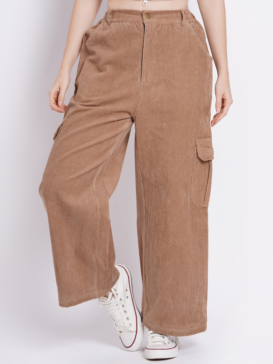 

SUMAVI-FASHION Women Straight Fit Corduroy Organic Cotton Cargo Trousers, Brown