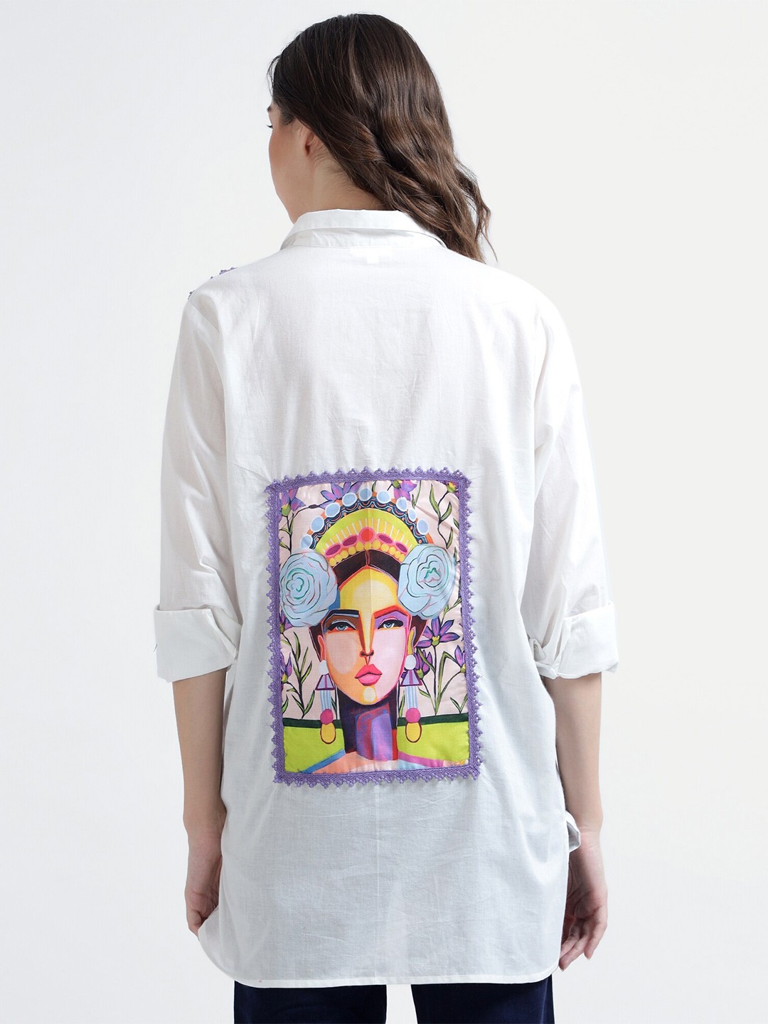 

TYAAR Classic Graphic Printed Applique Detail Cotton Casual Shirt, White
