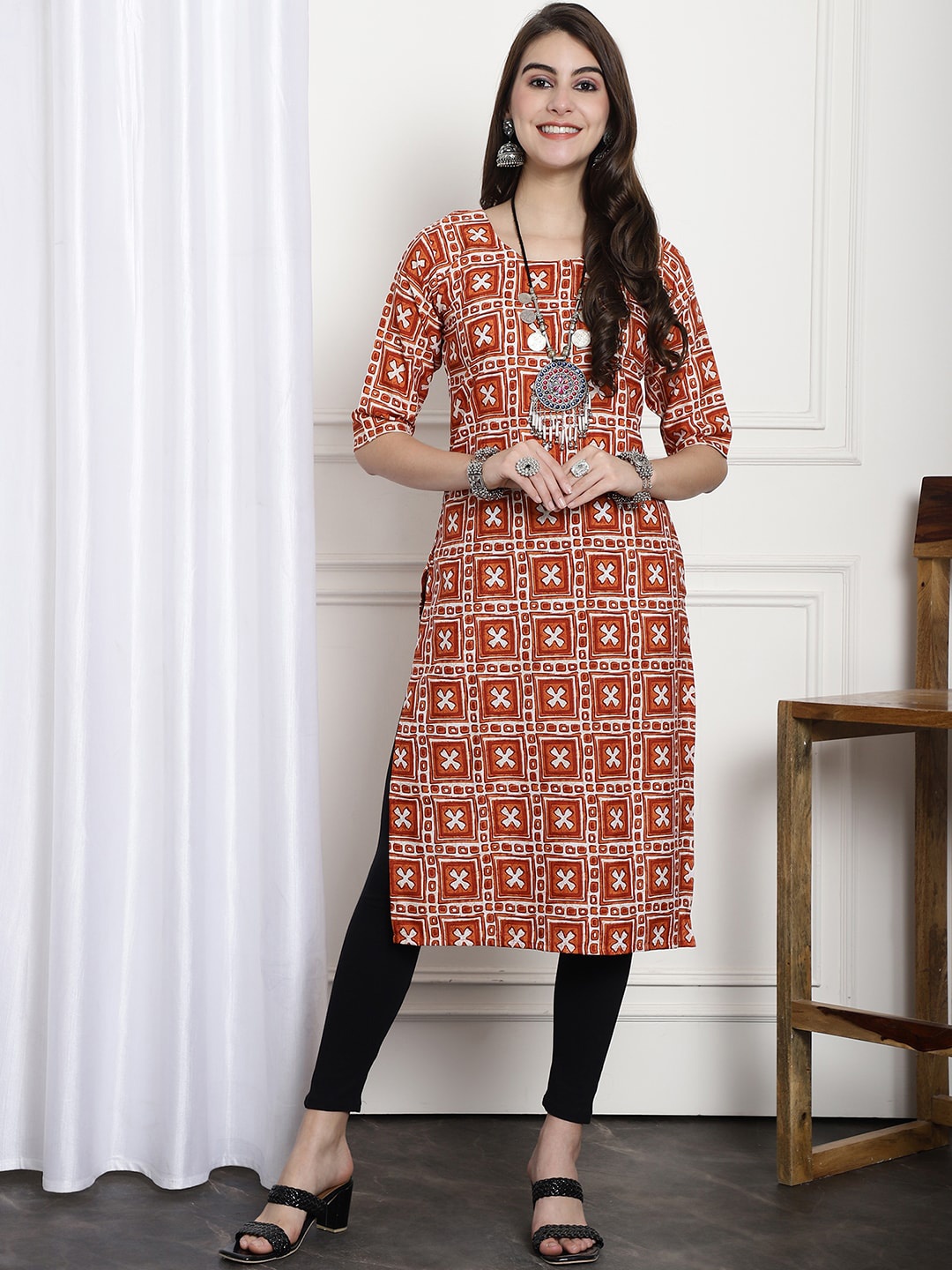 

Ethnic basket Ethnic Motifs Printed Straight Kurta, Orange