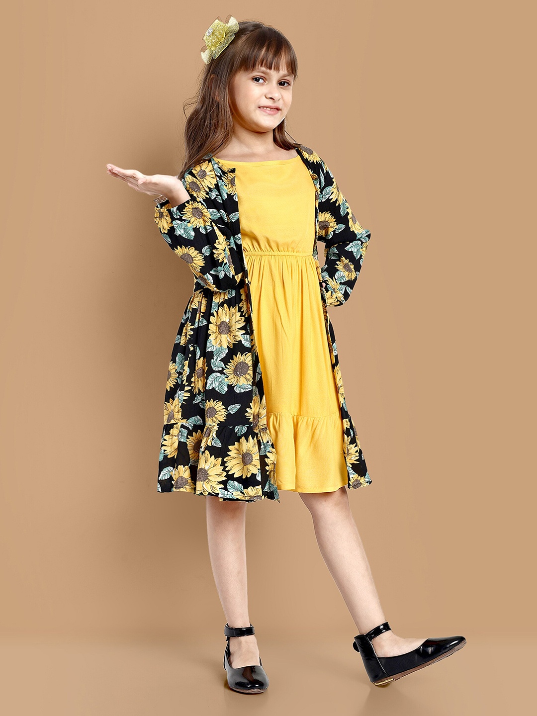 

Lazy Shark Girls Round Neck Sleeveless Fit & Flare Cotton Dress With Shrug, Yellow