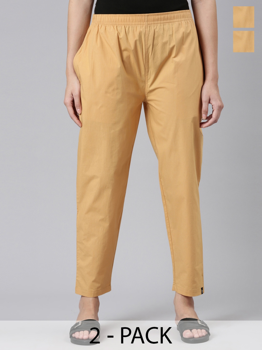

TWIN BIRDS Women Pack Of 2 Mid-Rise Pure Cotton Cigarette Trousers, Beige