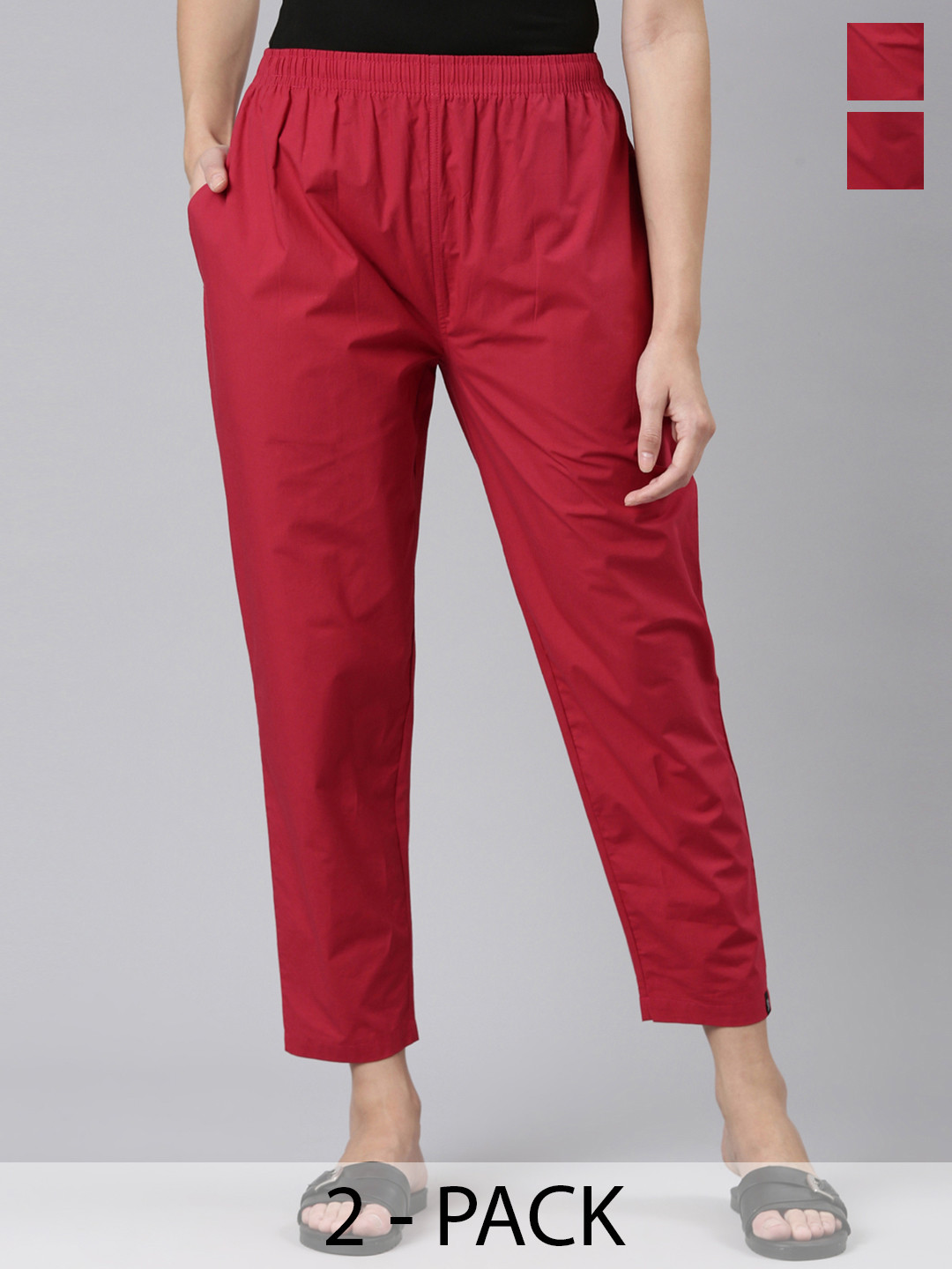 

TWIN BIRDS Women Pack Of 2 Pure Cotton Trousers, Burgundy
