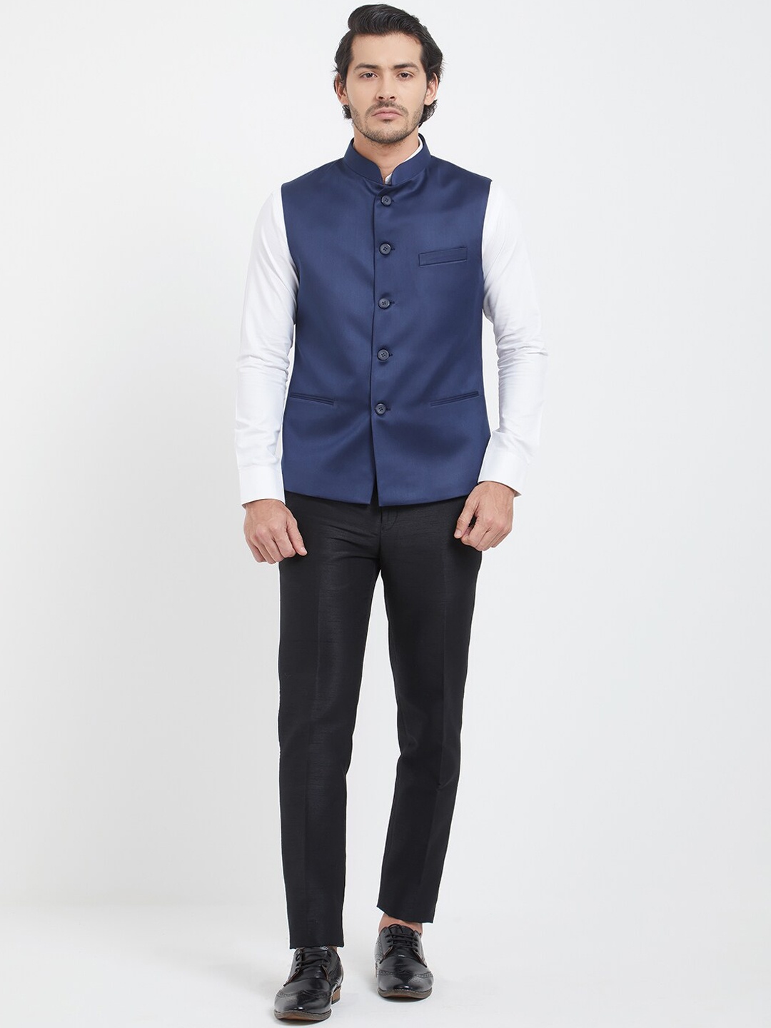 

Indian Poshakh Mandarin Collar Sleeveless Nehru Jacket, Navy blue