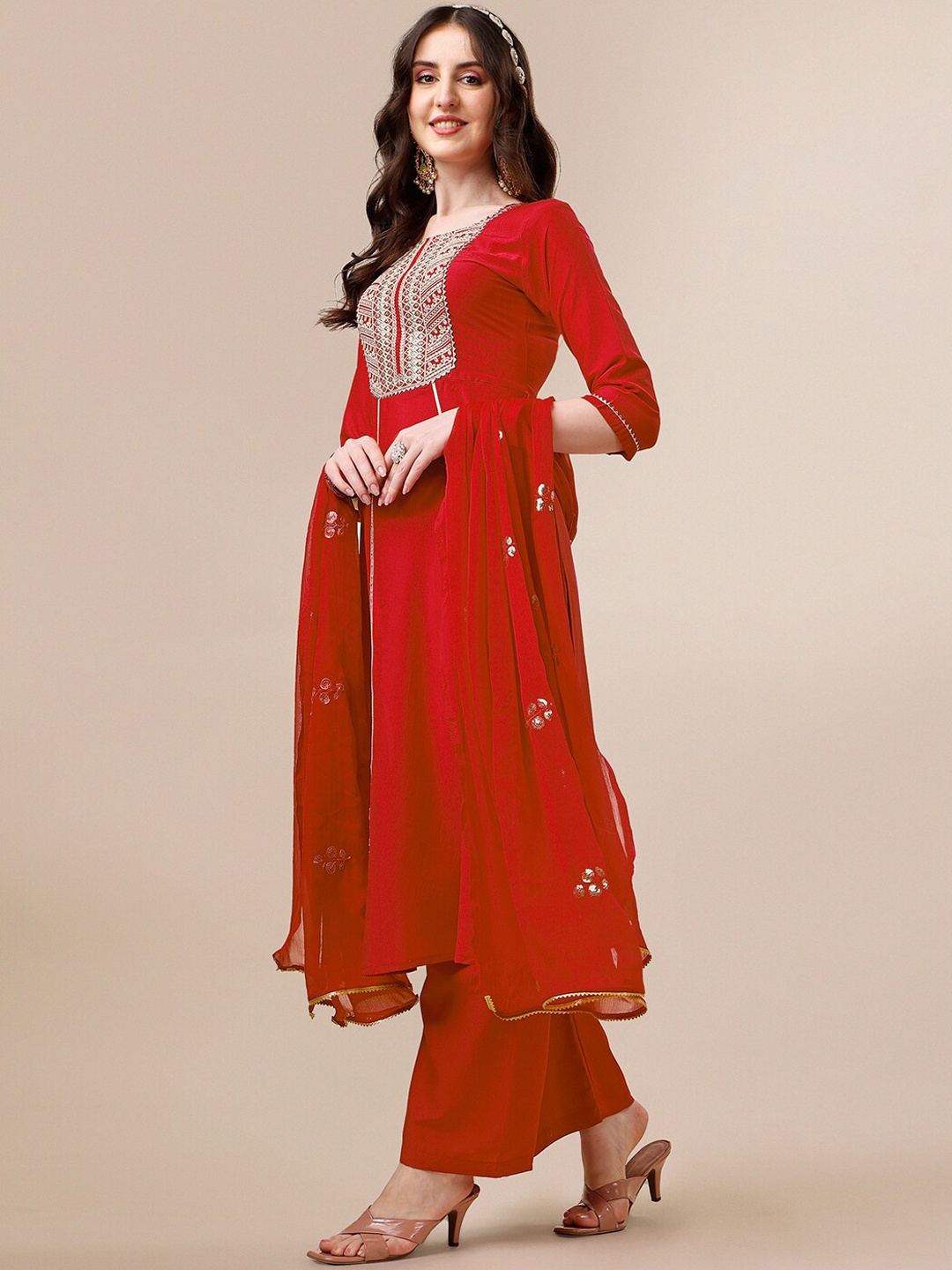 

KALINI Ethnic Motifs Embroidered Zardozi A-Line Kurta With Palazzos & Dupatta, Red