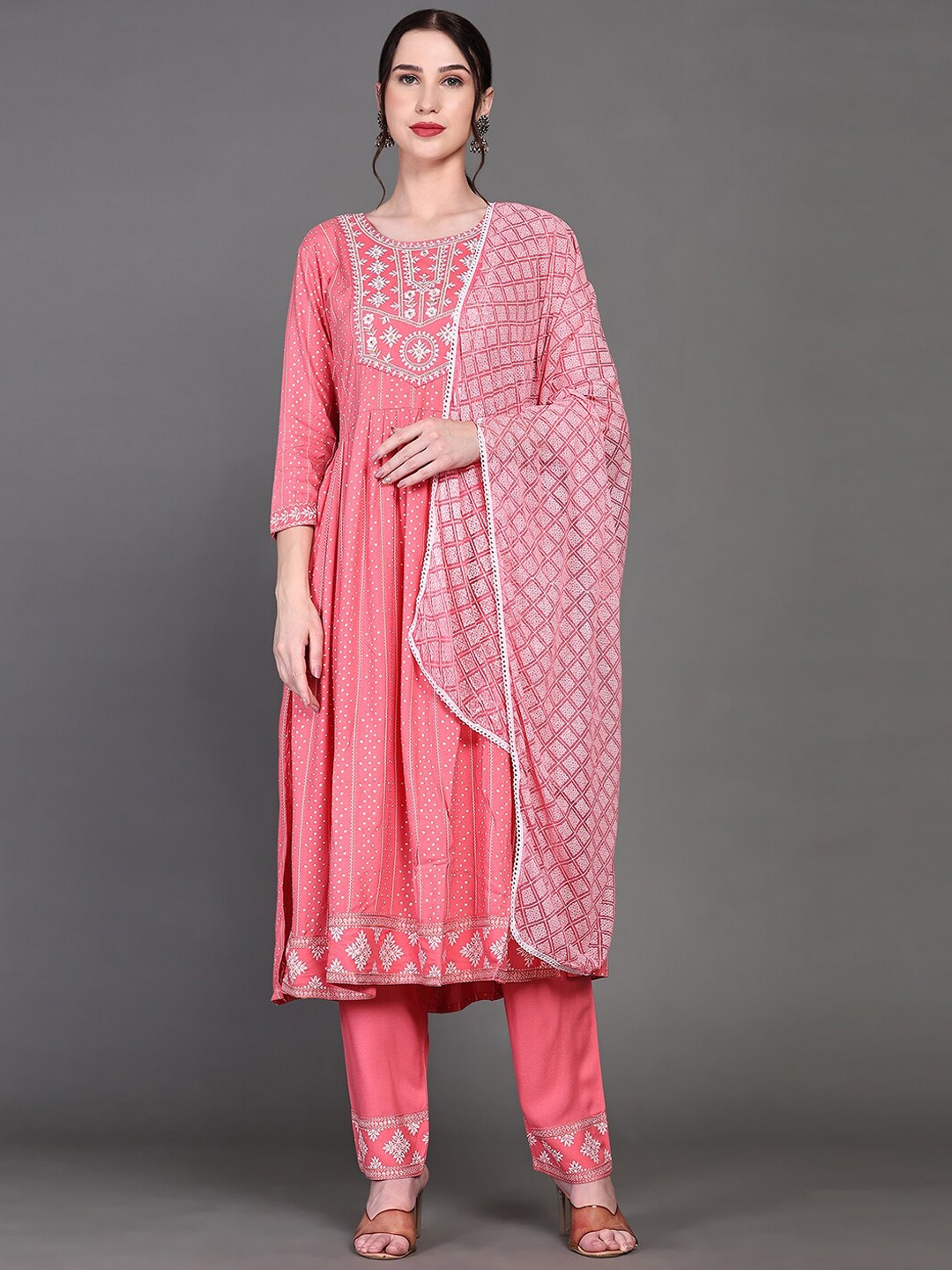 

KALINI Ethnic Motifs Printed A-Line Thread Work Kurta With Trousers & Dupatta, Pink