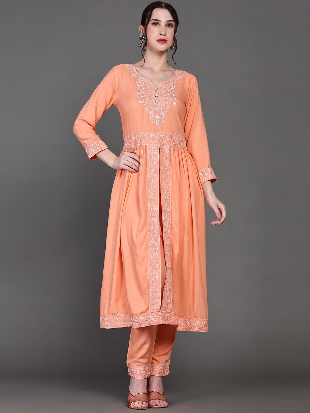 

KALINI Ethnic Motifs Embroidered Thread Work Detail A-Line Kurta & Trouser With Dupatta, Orange