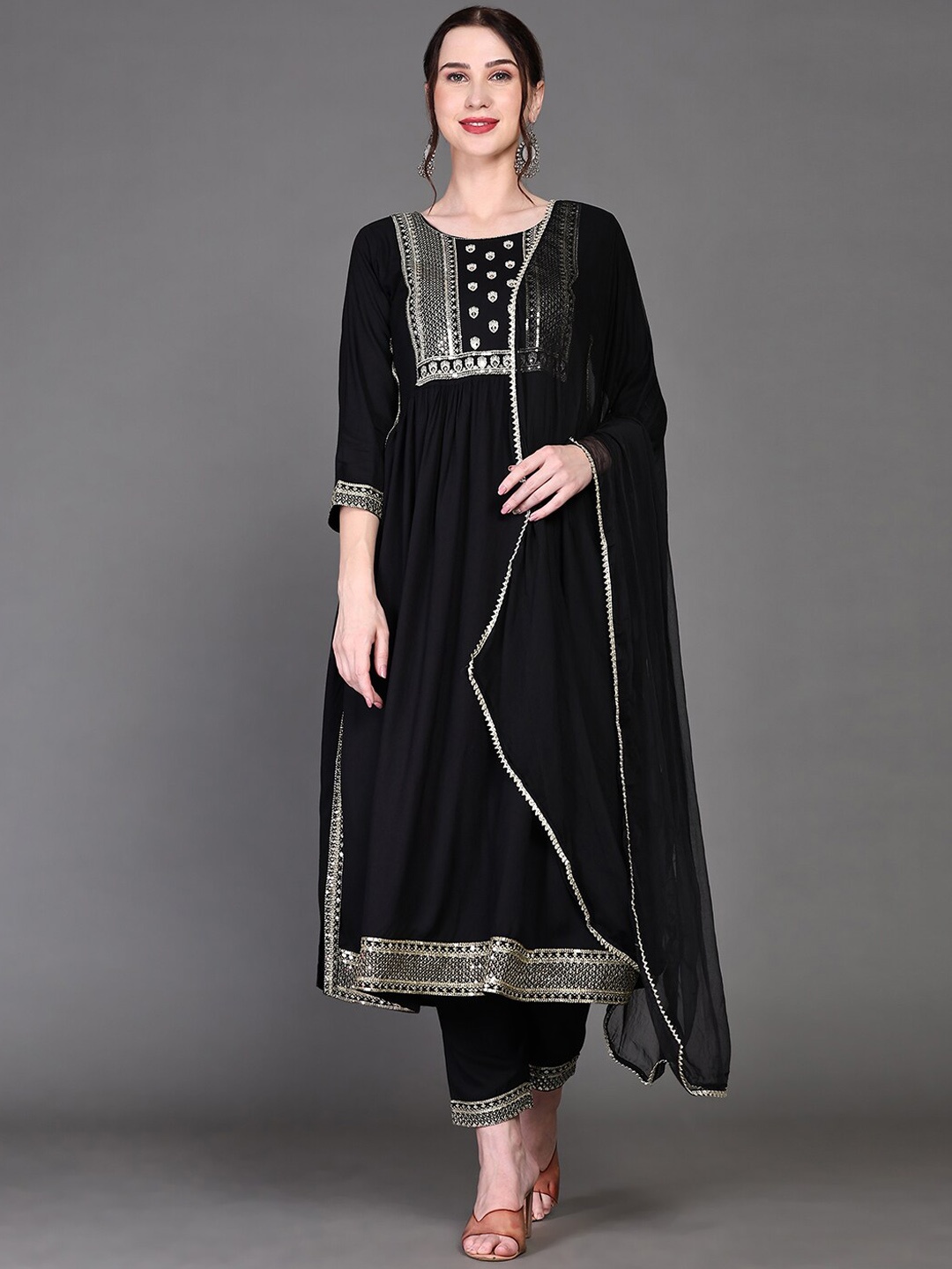

KALINI Ethnic Motifs Embroidered A-Line Thread Work Kurta With Trousers & Dupatta, Black