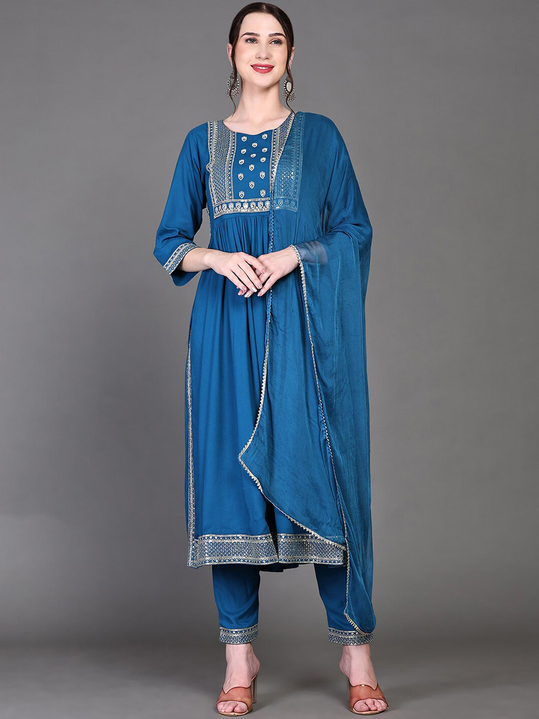 

KALINI Ethnic Motifs Yoke Design Sequinned High Slit Kurta With Trousers & Dupatta, Blue