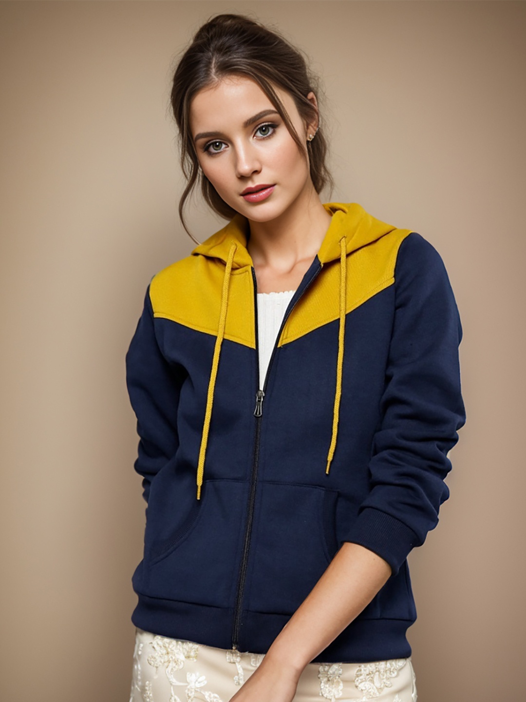 

RARE Colourblocked Hooded Front-Open Fleece Sweatshirt, Blue
