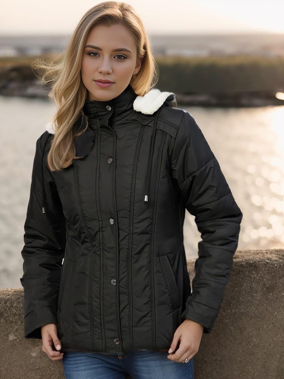 

RARE Black Lightweight Faux Fur Trim Hooded Padded Jacket