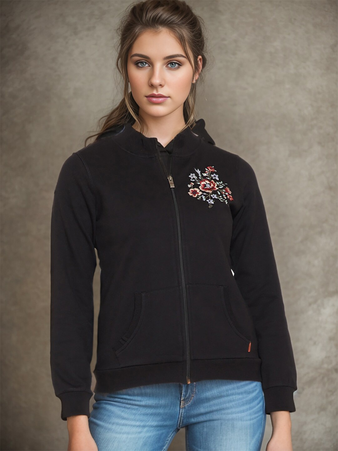 

RARE Floral Embroidered Front-Open Fleece Sweatshirt, Black