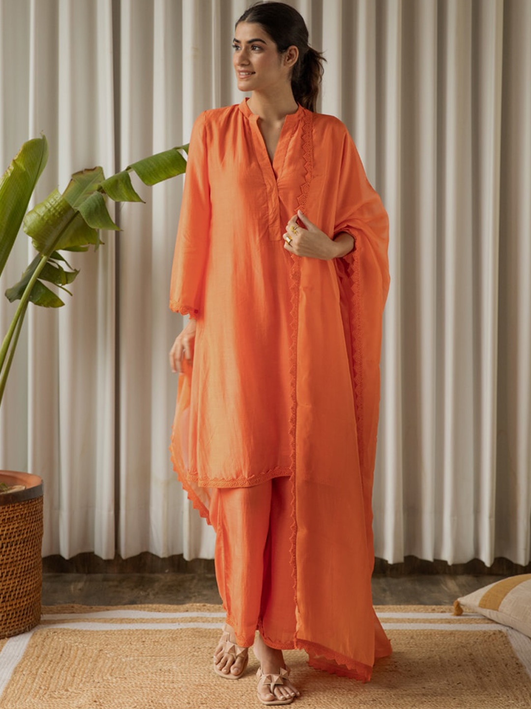 

Kapraaha Mandarin Collar Pure Cotton Kurta With Trousers With Dupatta, Orange