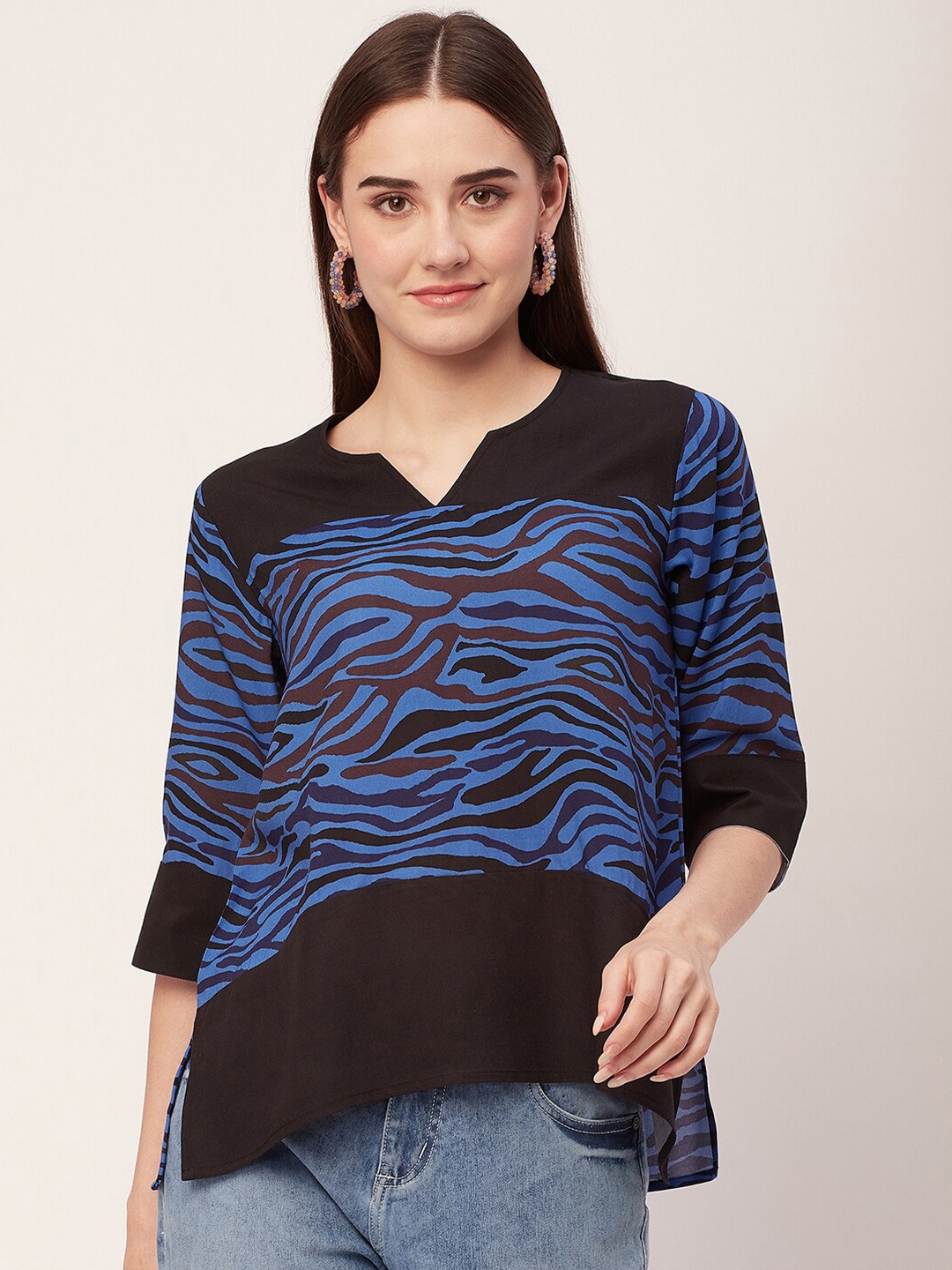 

Moomaya Abstract Printed High Low Regular Top, Blue