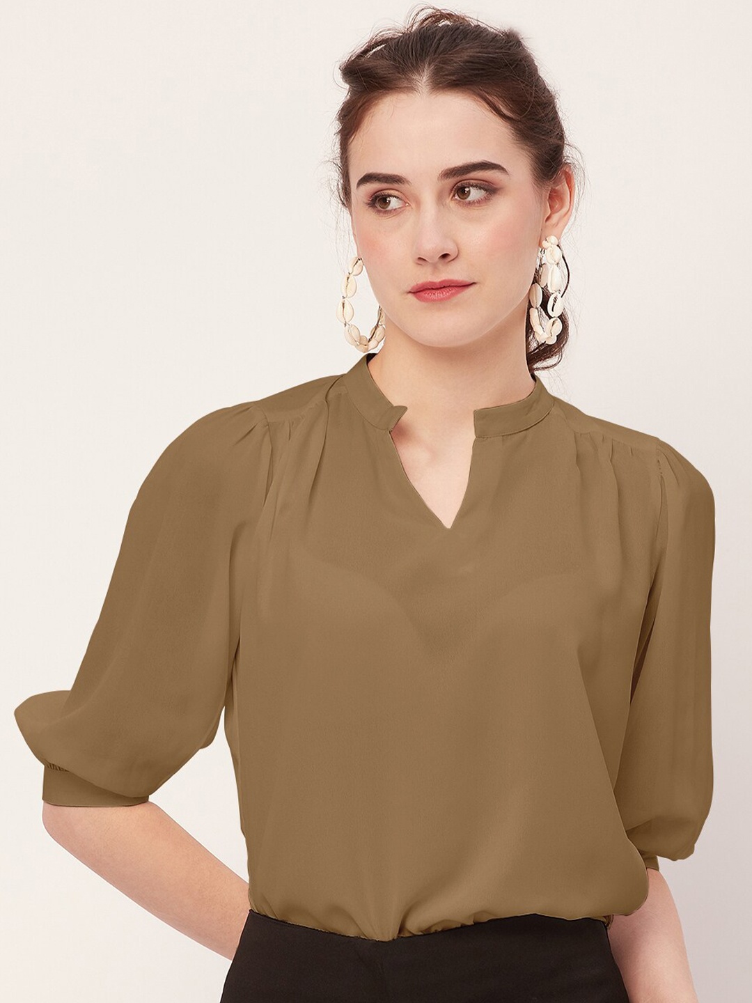 

Moomaya Mandarin Collar Puff Sleeves Top, Beige