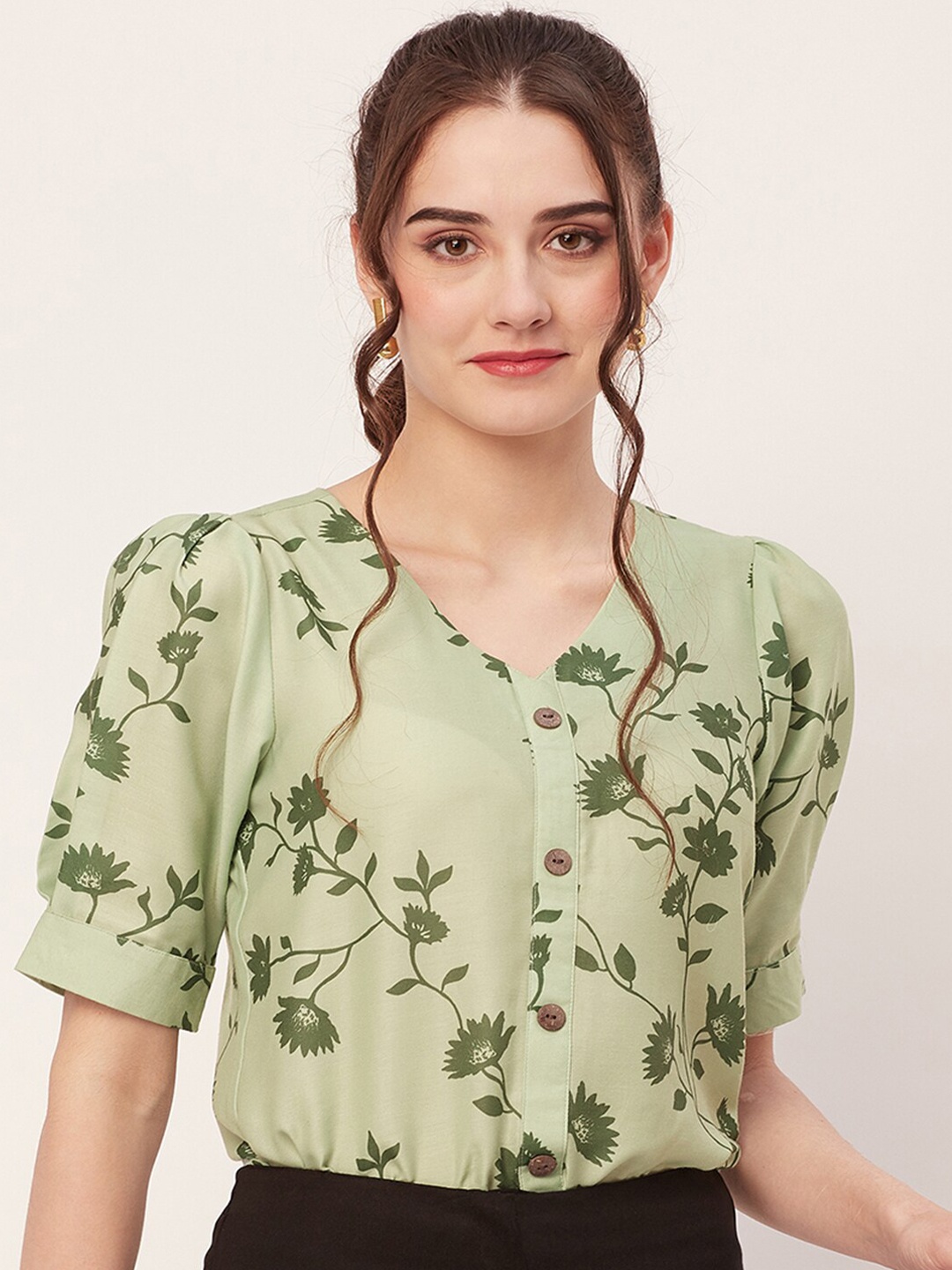 

Moomaya Floral Printed V- Neck Puff Sleeves Top, Green