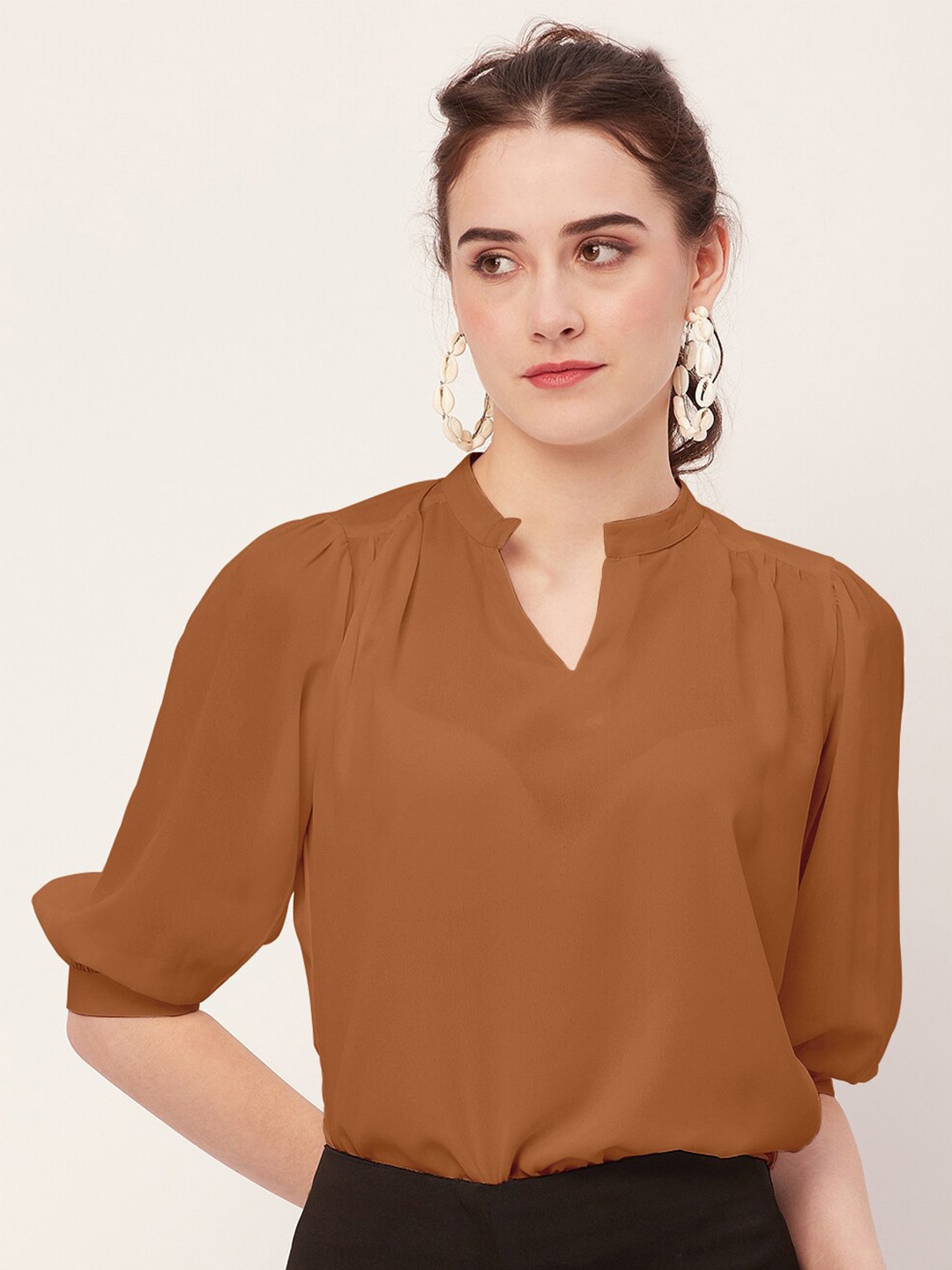 

Moomaya Mandarin Collar Puff Sleeve Top, Rust