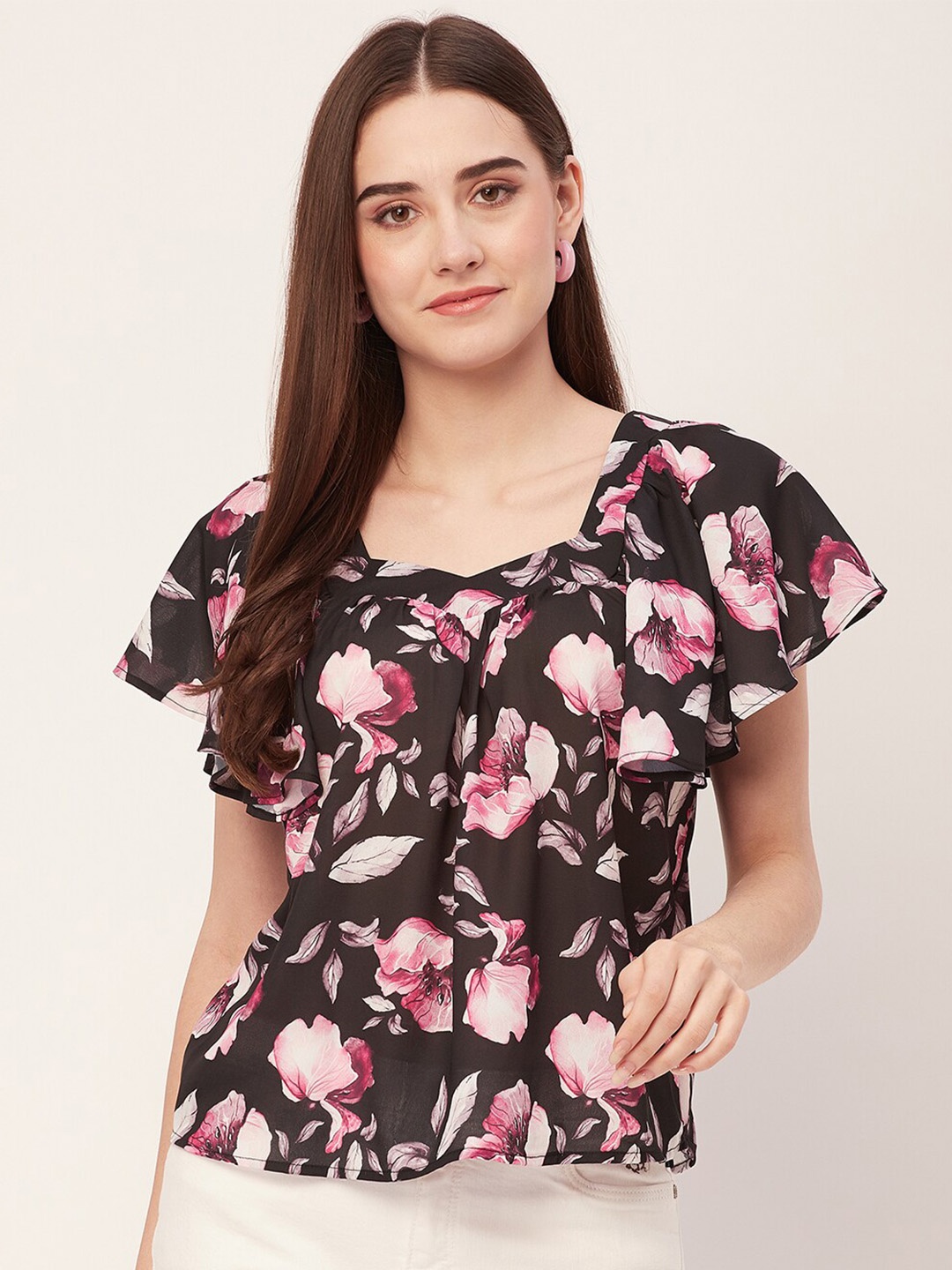 

Moomaya Floral Printed Sweetheart Neck Flutter Sleeve Top, Black