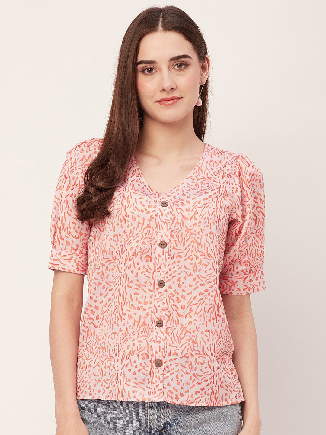 

Moomaya Abstract Printed Shirt Style Top, Peach