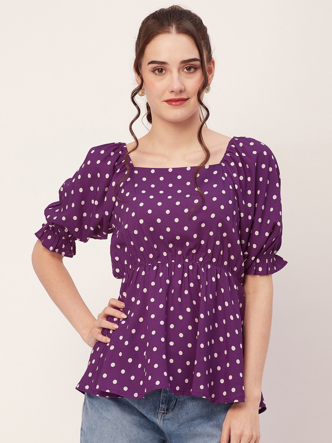

Moomaya Polka Dot Printed Puff Sleeves Square Neck Peplum Top, Purple