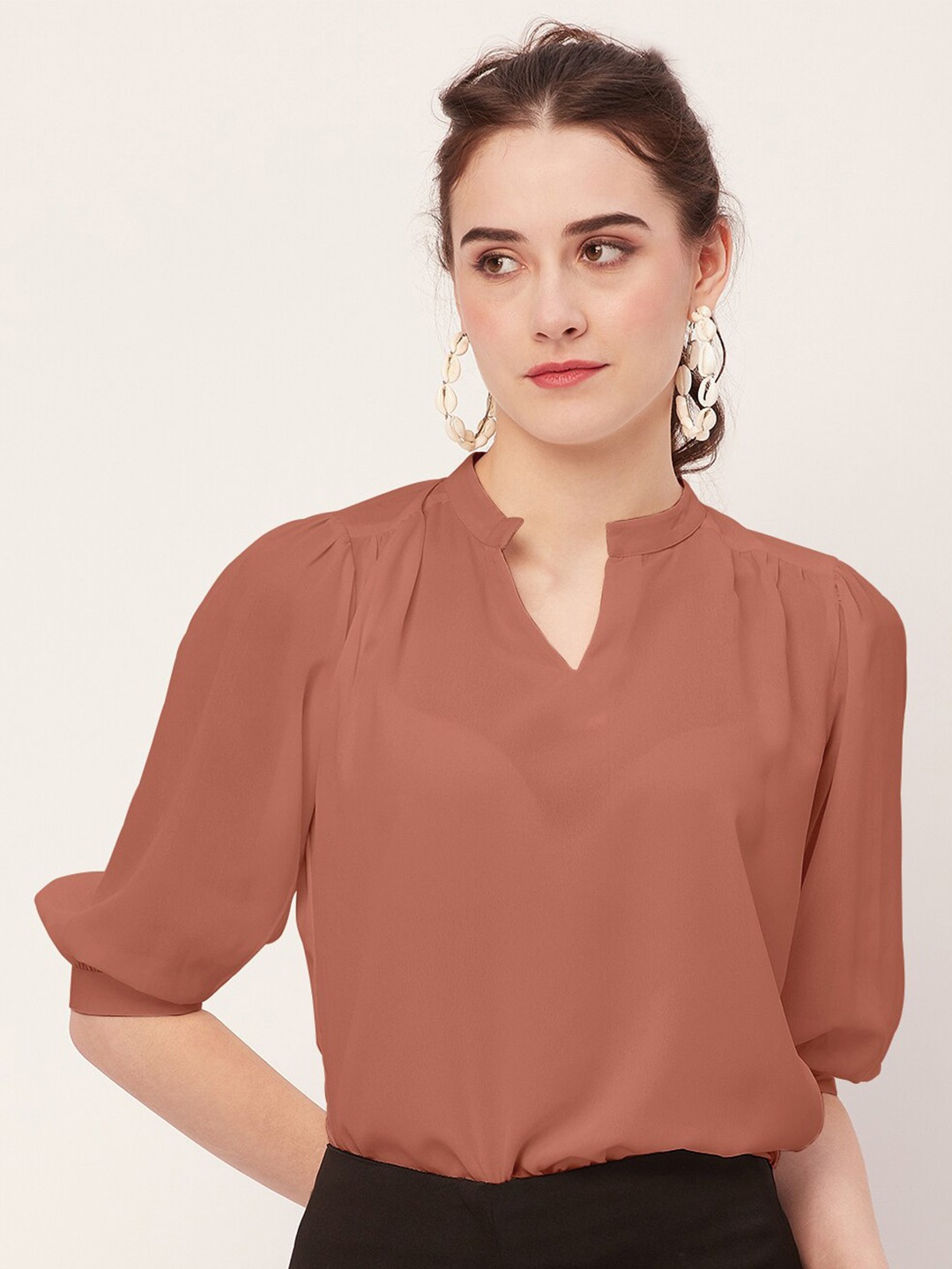 

Moomaya Mandarin Collar Puff Sleeves Top, Coral