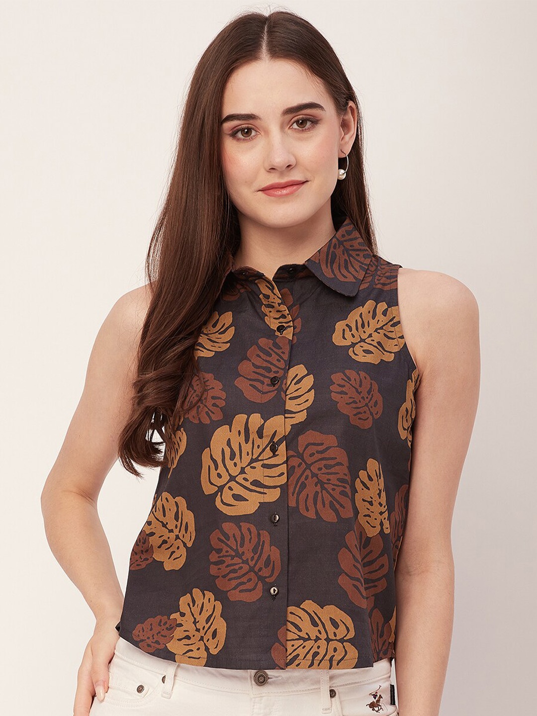 

Moomaya Floral Printed Cotton Shirt Style Top, Black