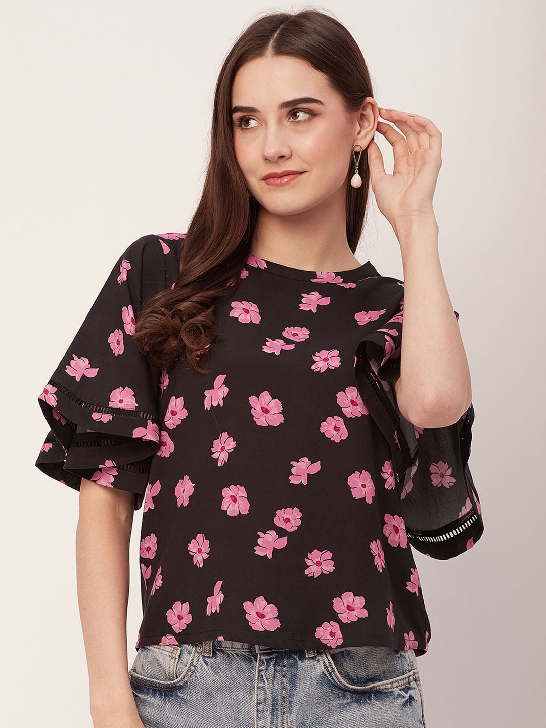 

Moomaya Floral Printed Flutter Sleeve Top, Black