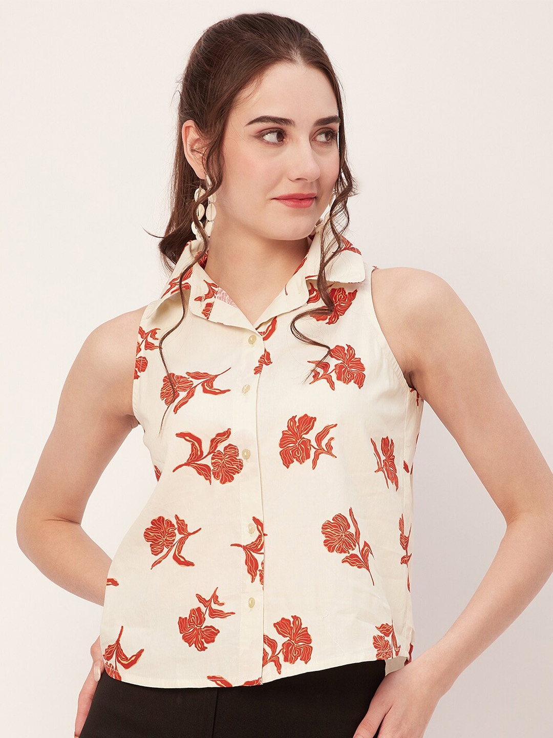 

Moomaya Floral Printed Cotton Shirt Style Top, Cream