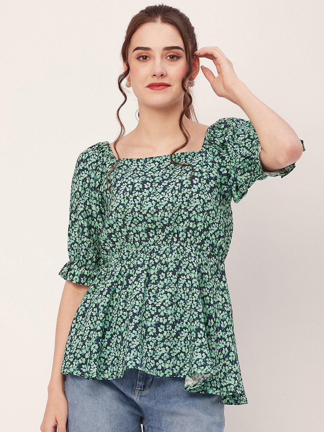 Moomaya Floral Printed Bishop Sleeves Peplum Top, Sea green