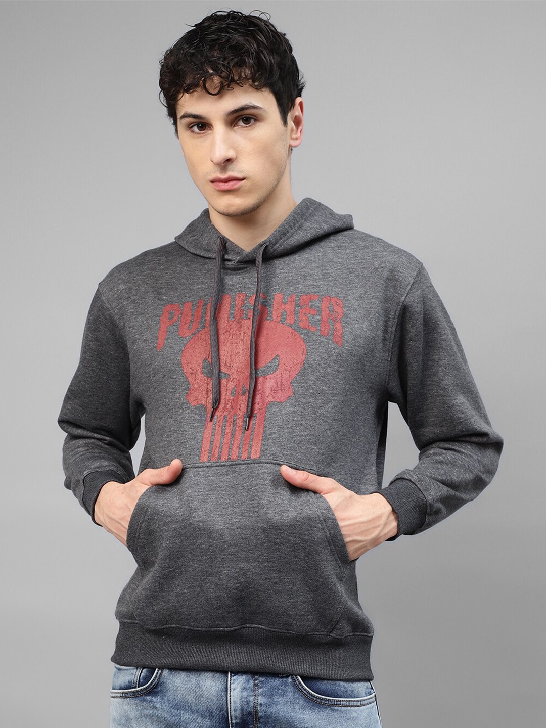 

Kook N Keech Grey Melange Graphic Printed Hooded Sweatshirt
