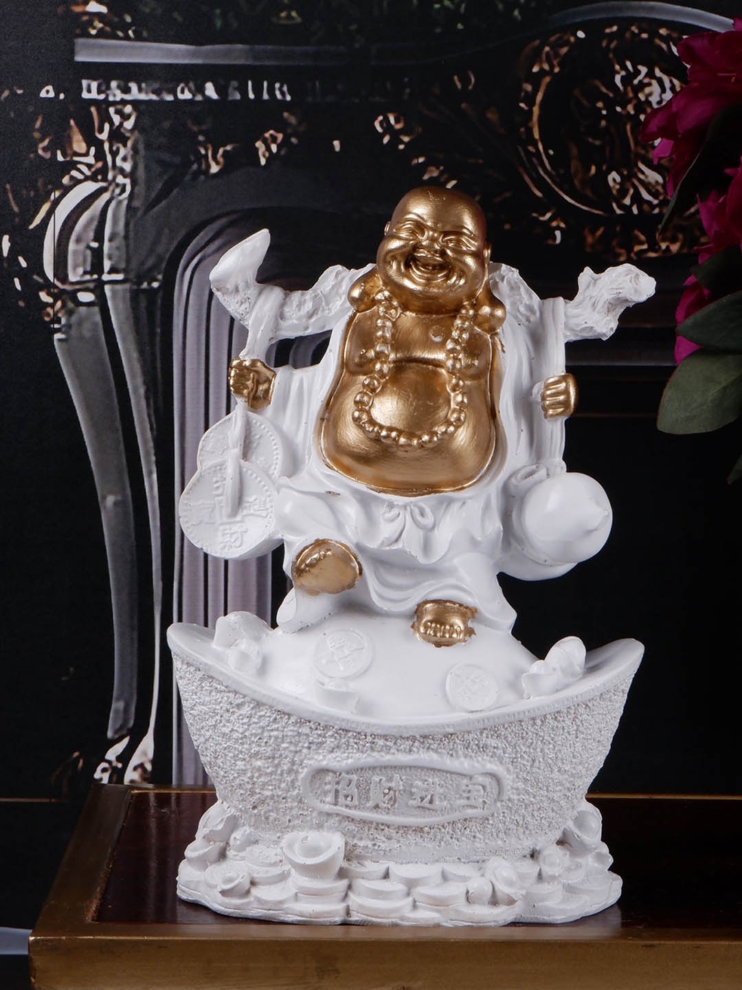 

THE WHITE INK DECOR White Grace Elegance Laughing Buddha Showpiece