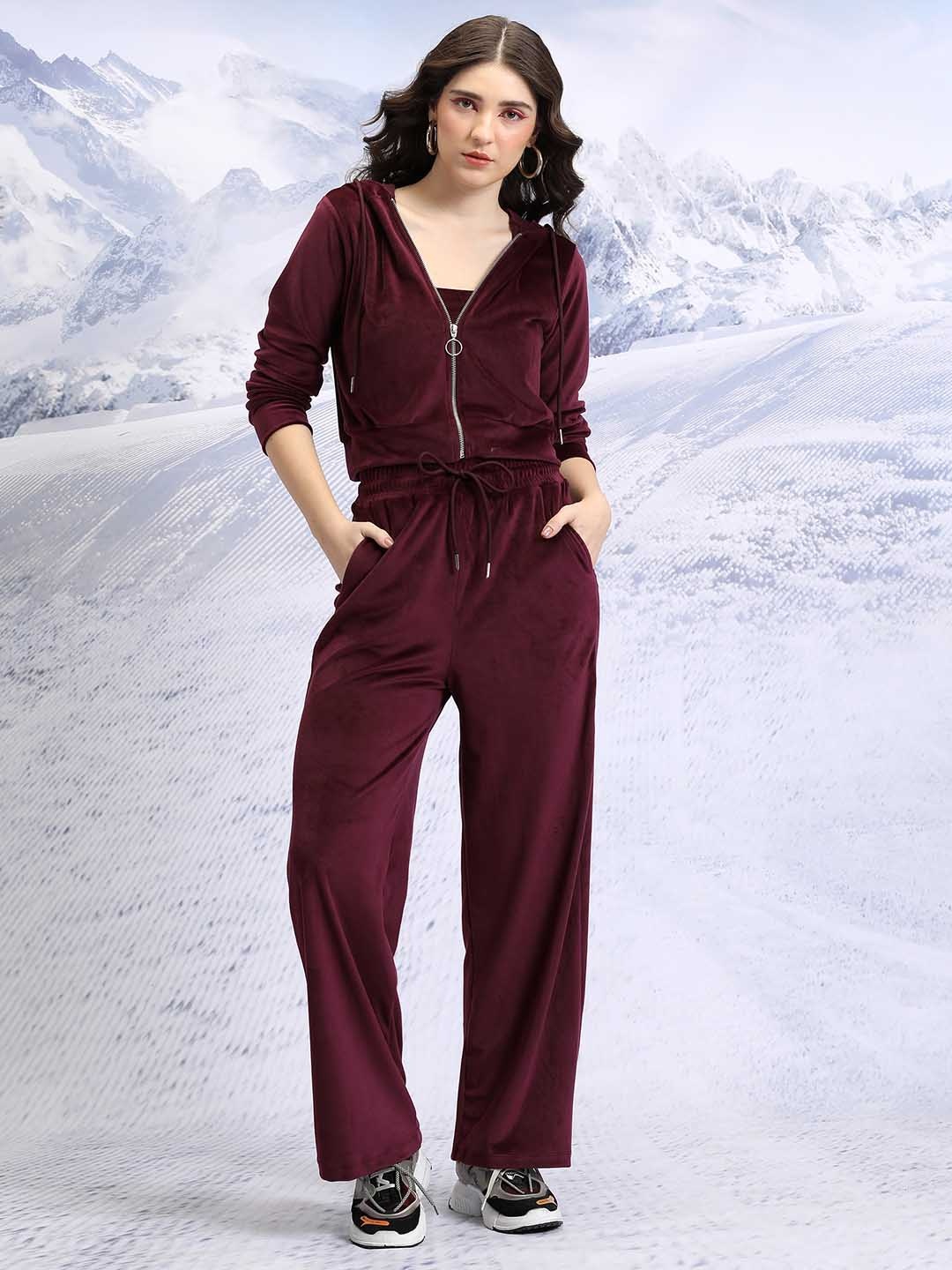 

Tokyo Talkies Velvet Tube Top and Hooded Sweatshirt with Wide Leg Track Pants, Maroon