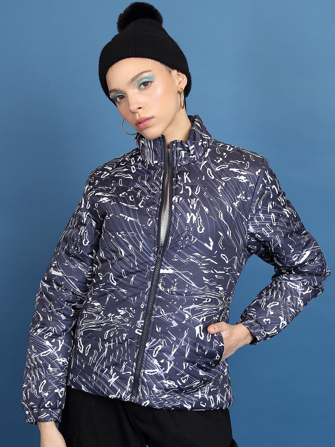 

Tokyo Talkies Printed Mock Collar Puffer Jacket, Navy blue